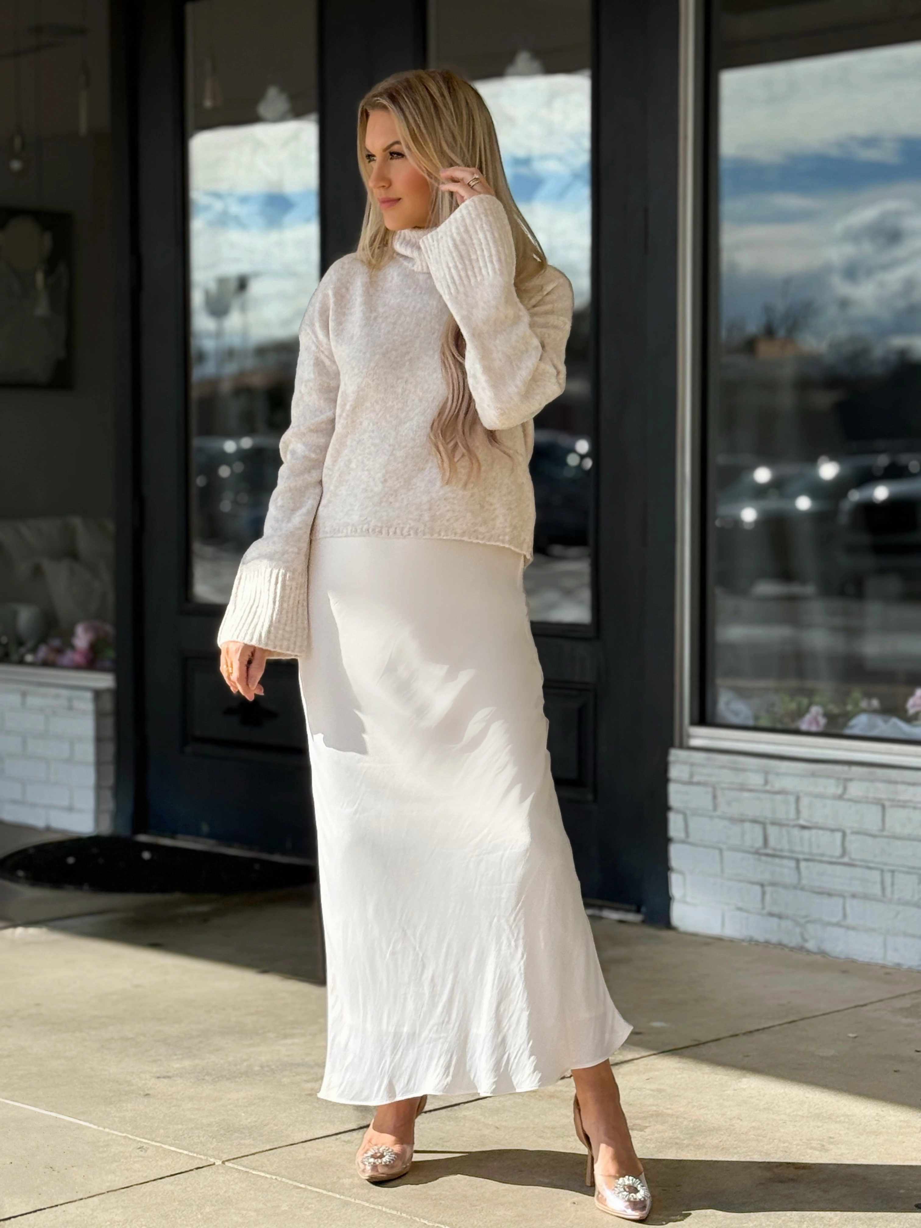 Europa Luxe Sheen Midi Skirt - Sea Salt(final sale) Fair trade Trendy Outfit