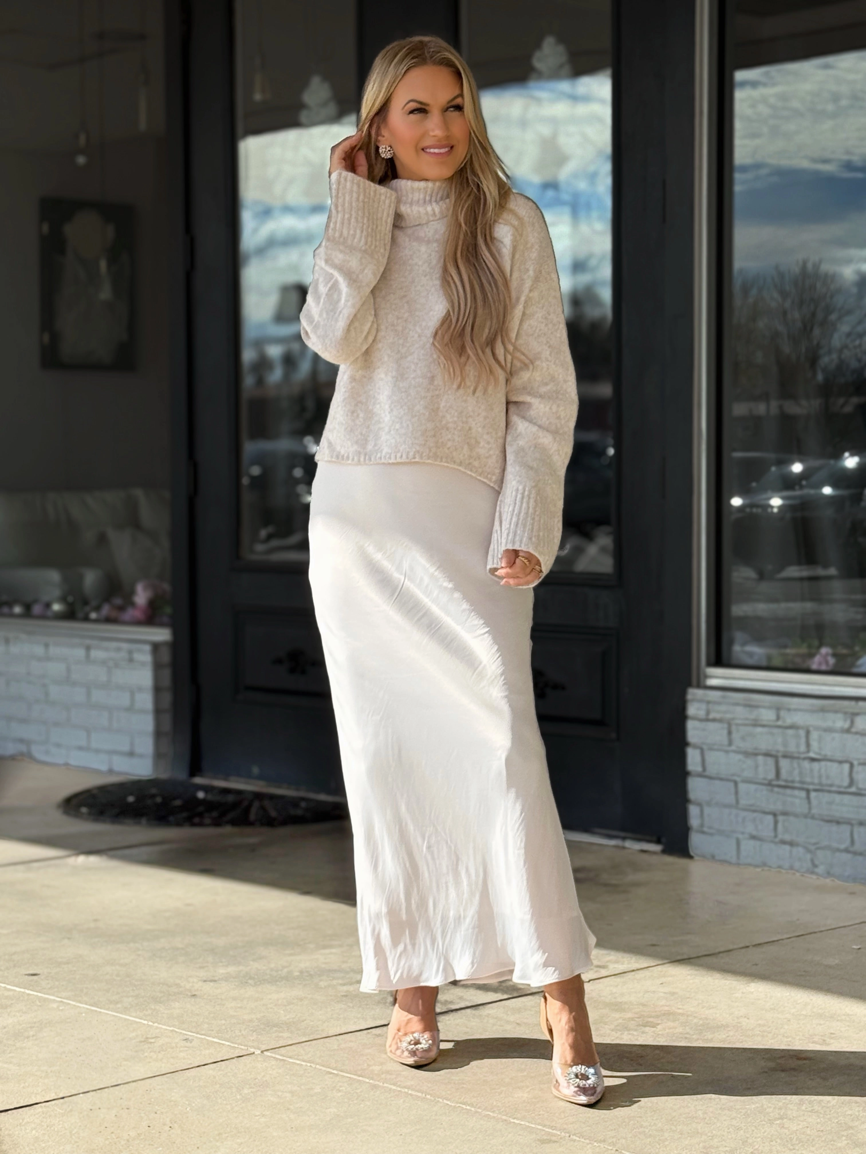 Opaque finish Europa Luxe Sheen Midi Skirt - Sea Salt(final sale)
