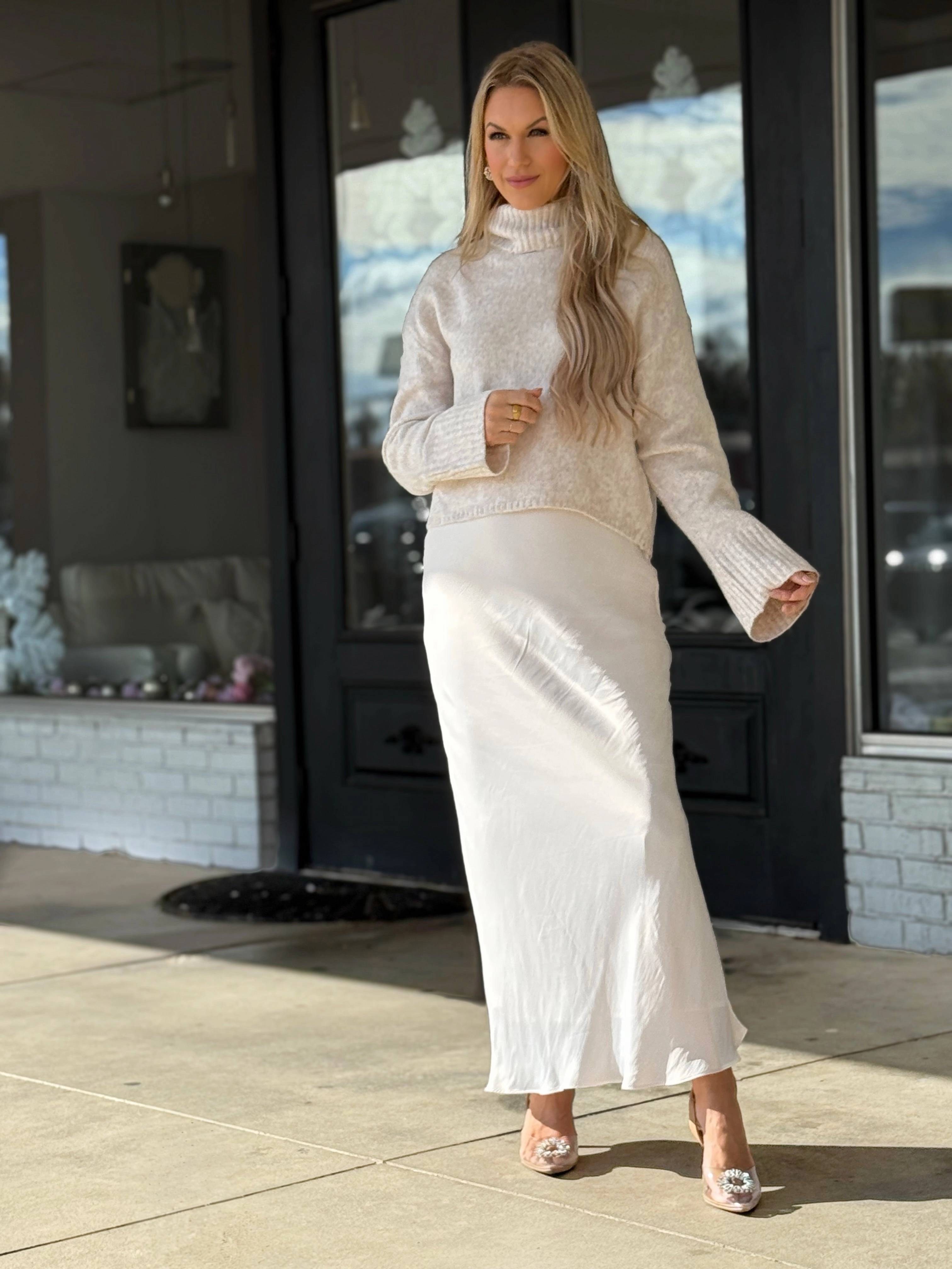 Contrast Panel Europa Luxe Sheen Midi Skirt - Sea Salt(final sale)