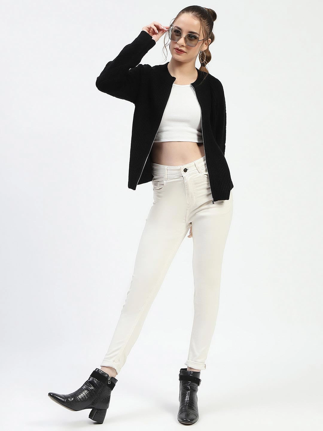 Recycled Fiber Madame Black Ribbed Zip-Up Sweater