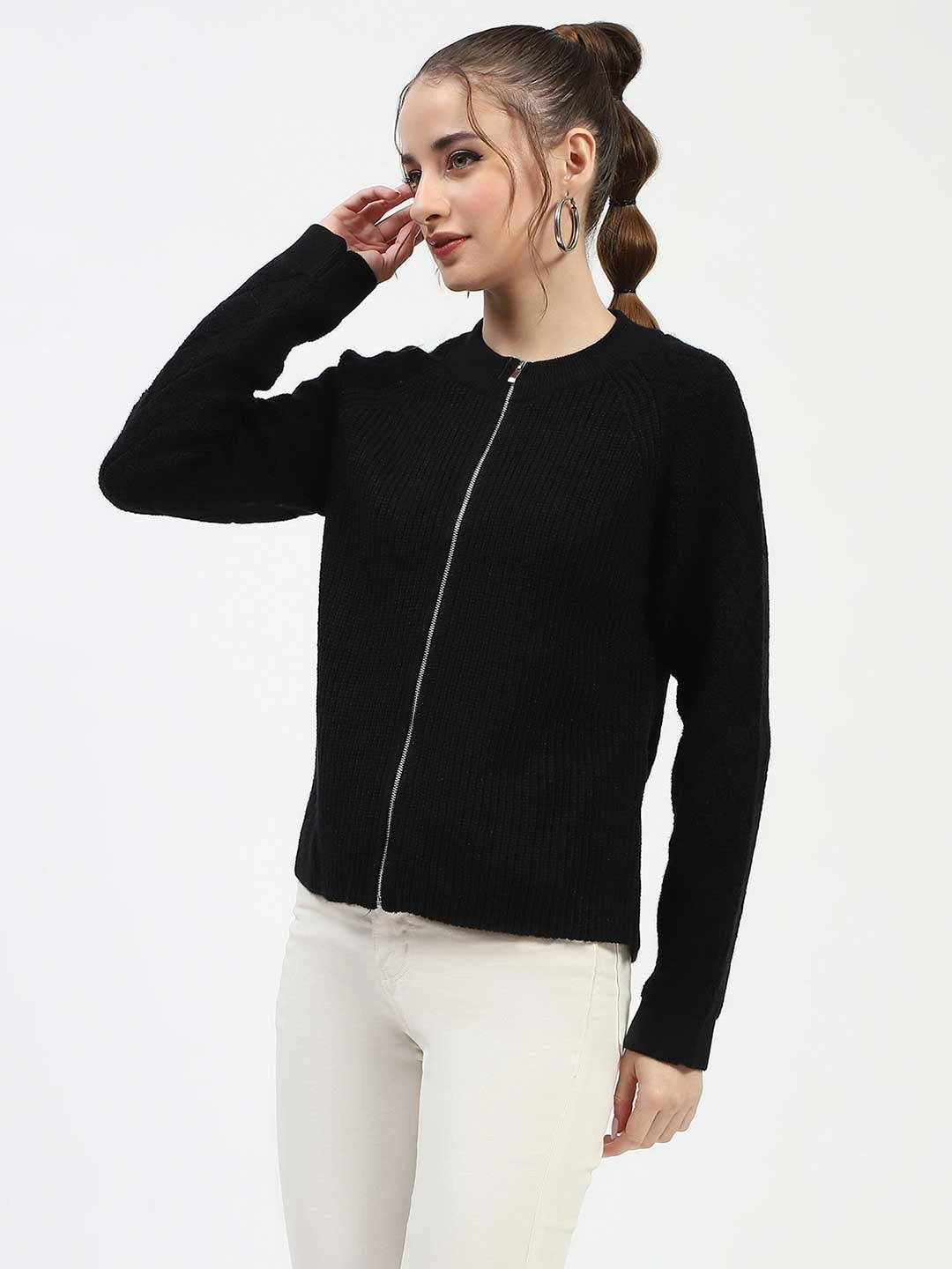 Functional Knit Madame Black Ribbed Zip-Up Sweater