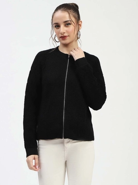 Madame Black Ribbed Zip-Up Sweater Soft Layer