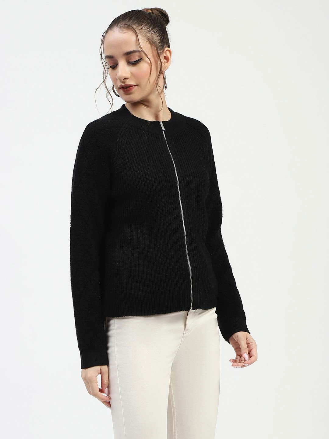 Madame Black Ribbed Zip-Up Sweater Micro Gauge Knitting Quick Change