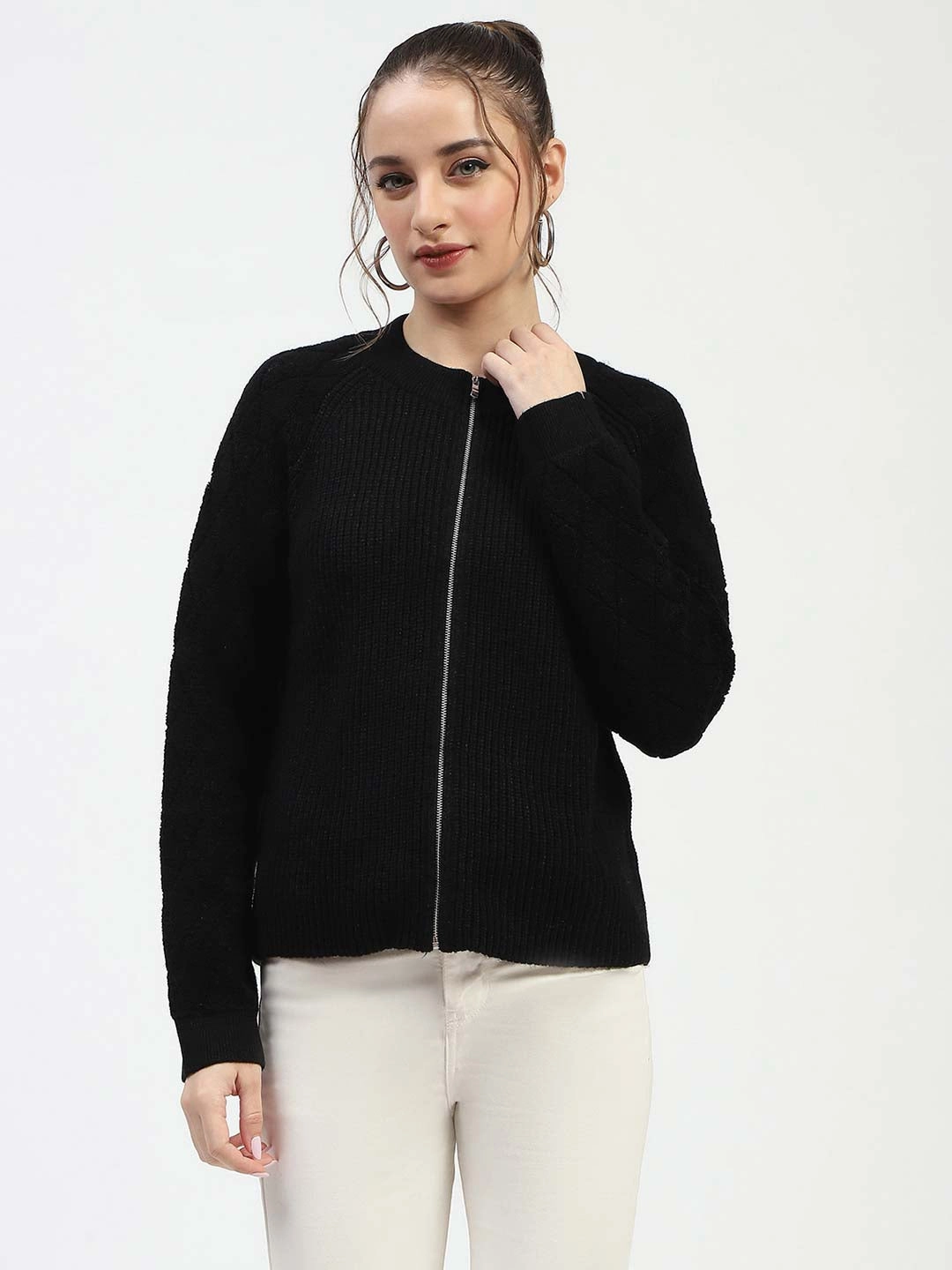 Madame Black Ribbed Zip-Up Sweater Soft Layer