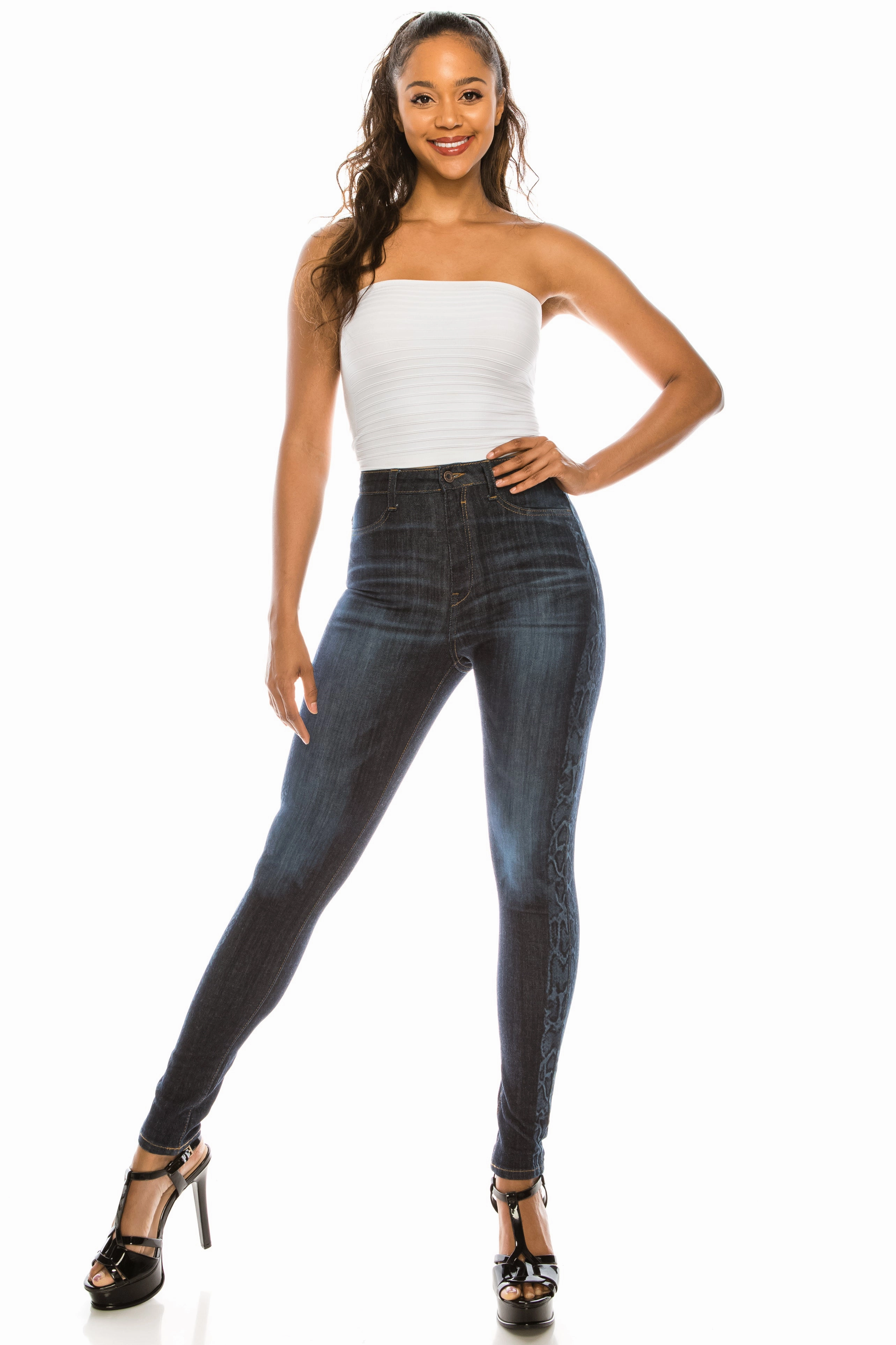 All Day Use Built For Life 4670 Women's High Waisted Skinny Jeans with Snake Printed Outseam