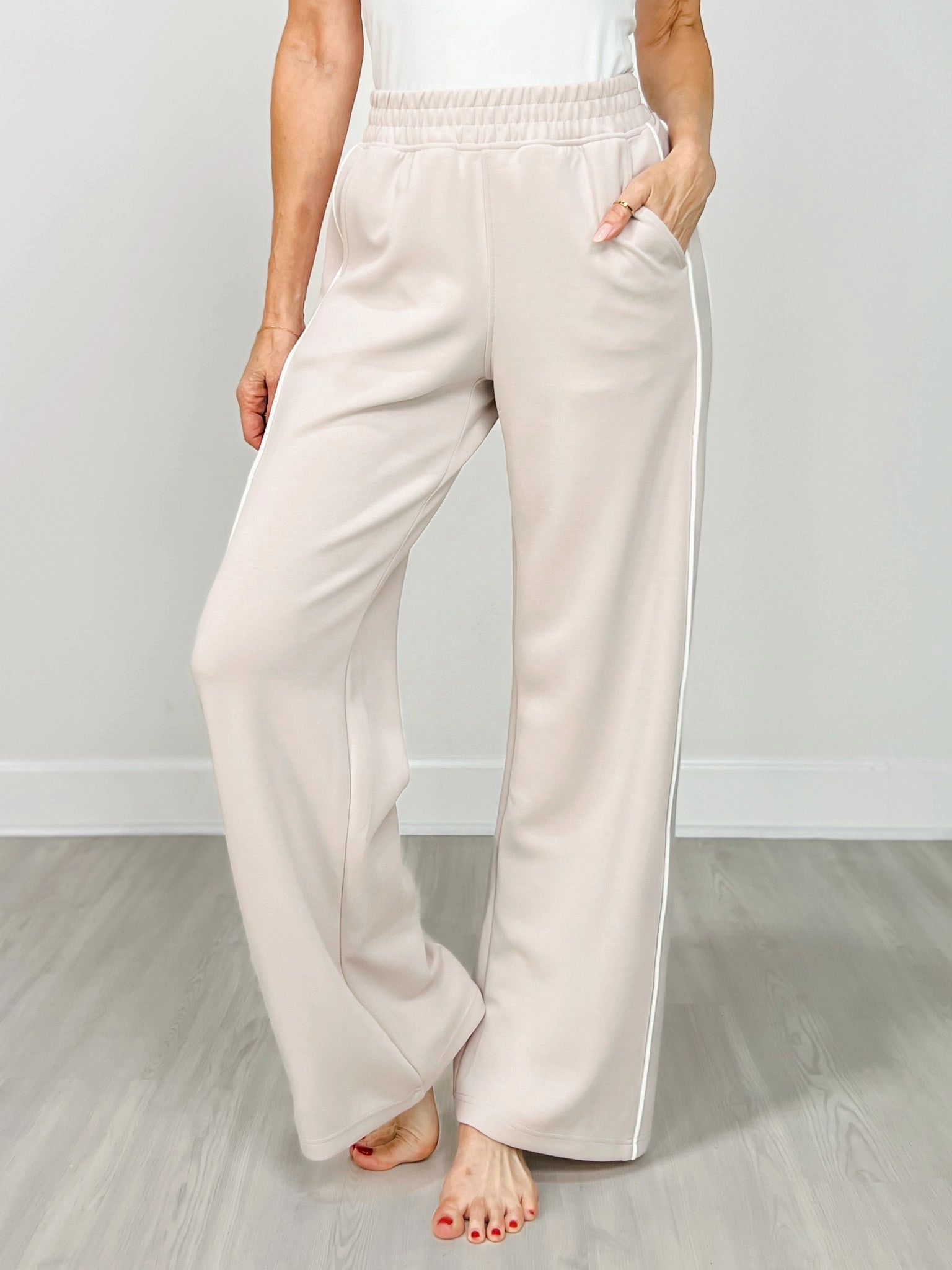 Modal Scuba Stripe Piping Straight Pant in Mocha Cream All Use Active Stretch