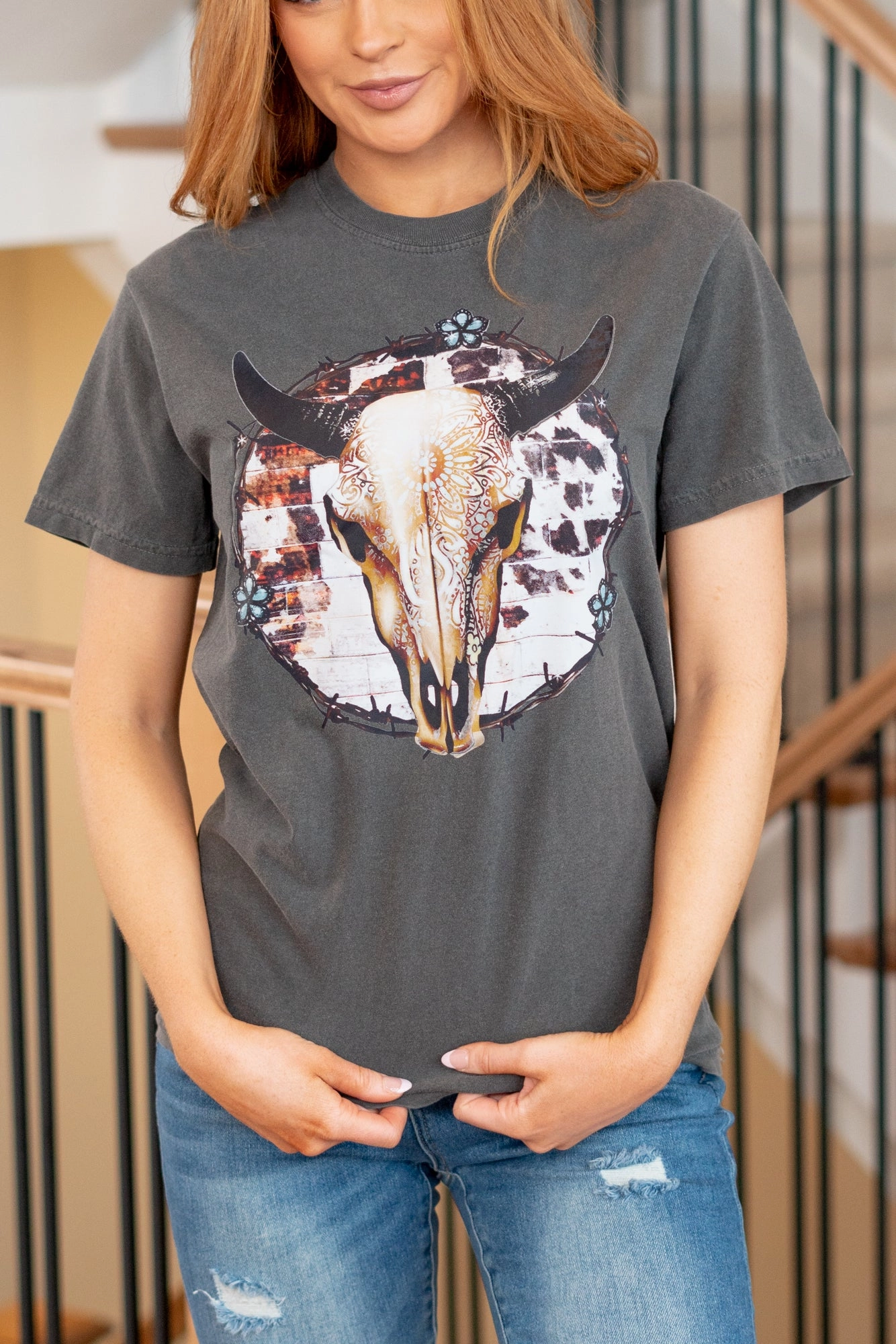 Barbed Wire Bull Skull Graphic  - Pepper T-Shirt Everyday Chic