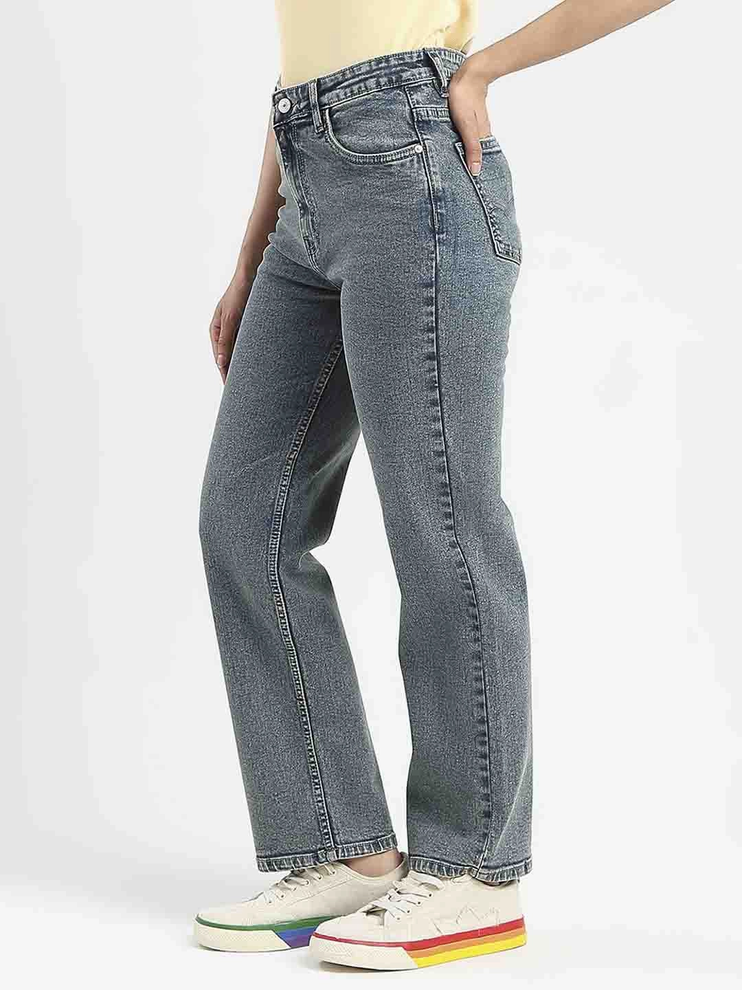 Streetwear Fan Night Out Tailored Waistband Madame Mid-Wash Tinted Blue Cotton Blend Denim Jeans