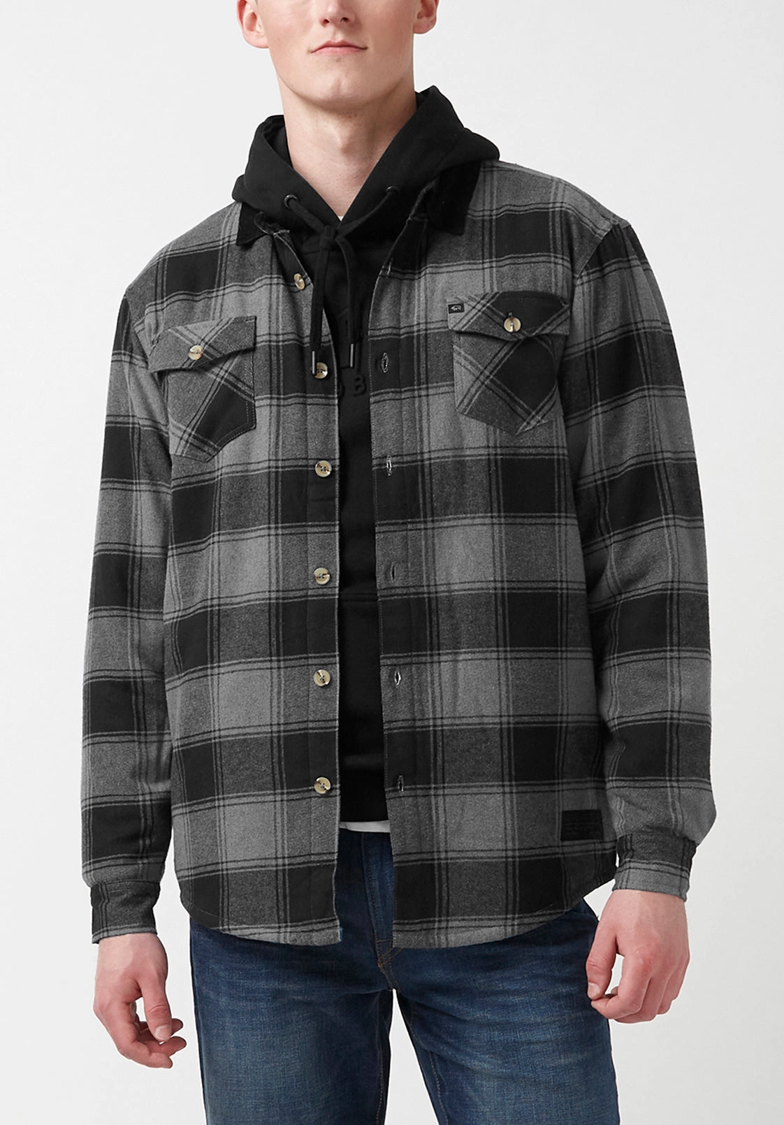 Seveno Men's Shacket in Grey Black Plaid - BPM13671B Convertible Features Oversized Silhouette