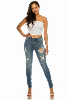 1282 Women's Mid Waisted Distressed Skinny Jeans Grab And Go Everyday Classic Wear Comfy