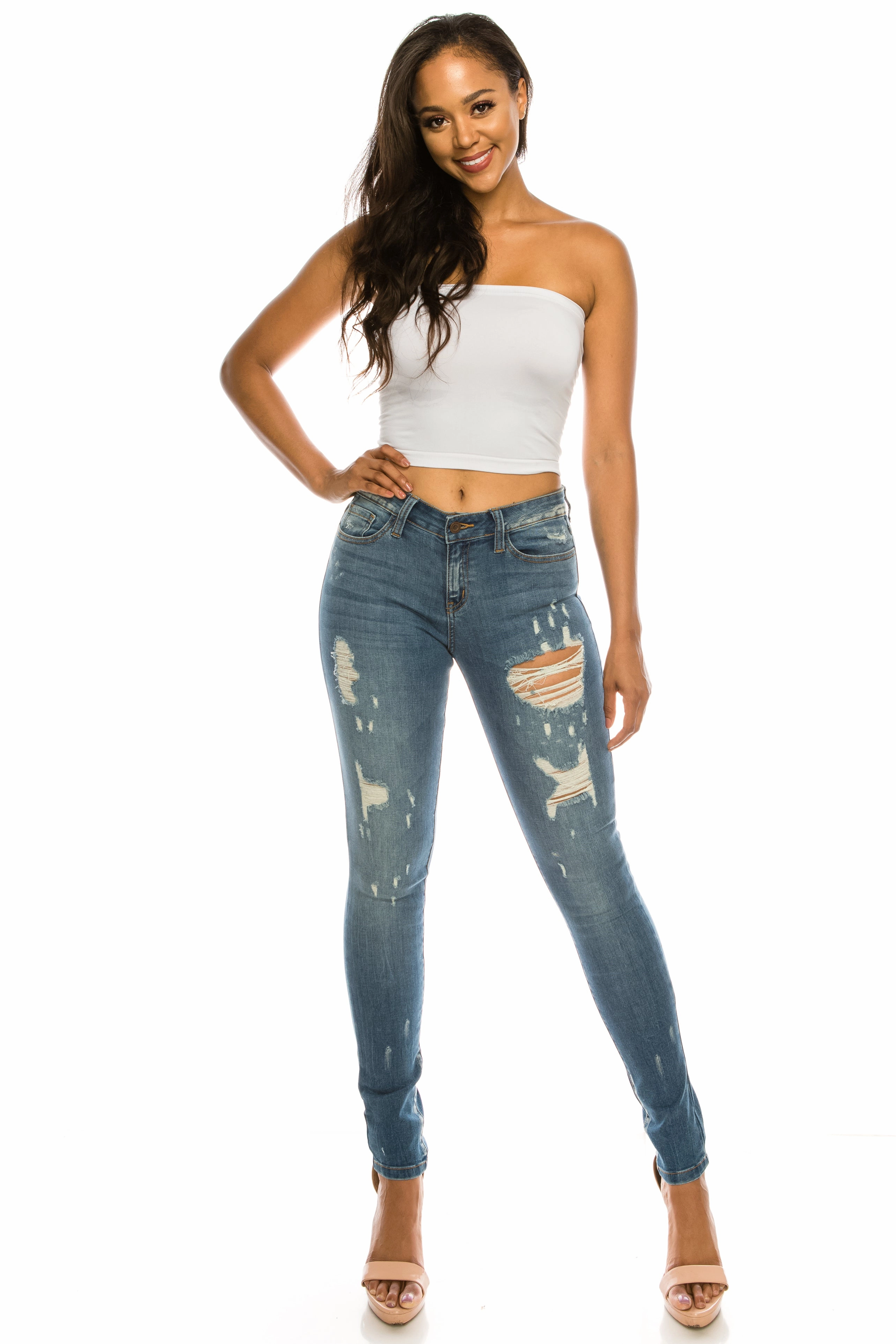 Classic Wear Street Fashion 1282 Women's Mid Waisted Distressed Skinny Jeans