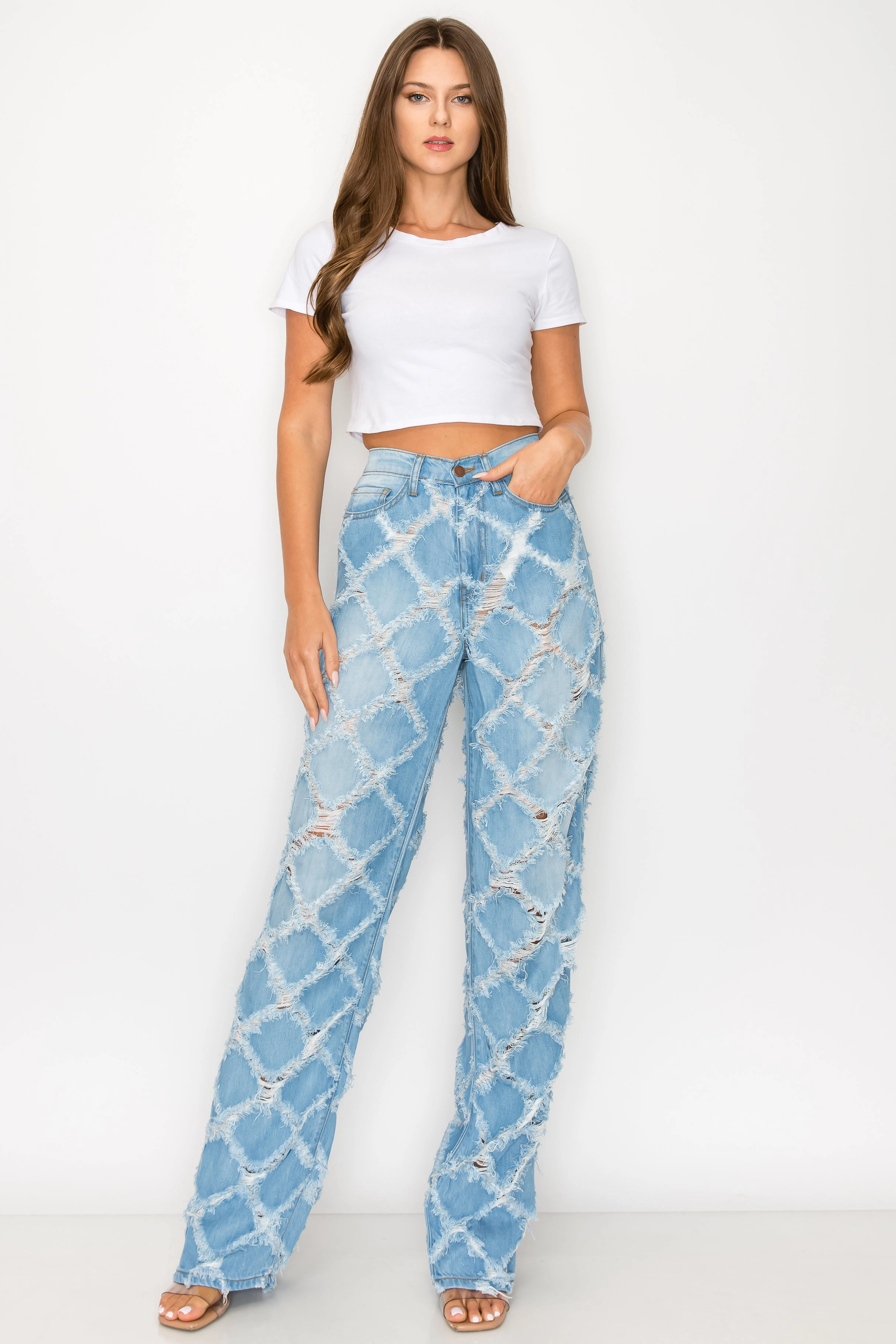 Tapered leg Weekend Getaway Outdoor Adventure Picnic Style 40566 Women's High Rise Loose Fit Jeans w/ Crisscross Frayed Denim Pants