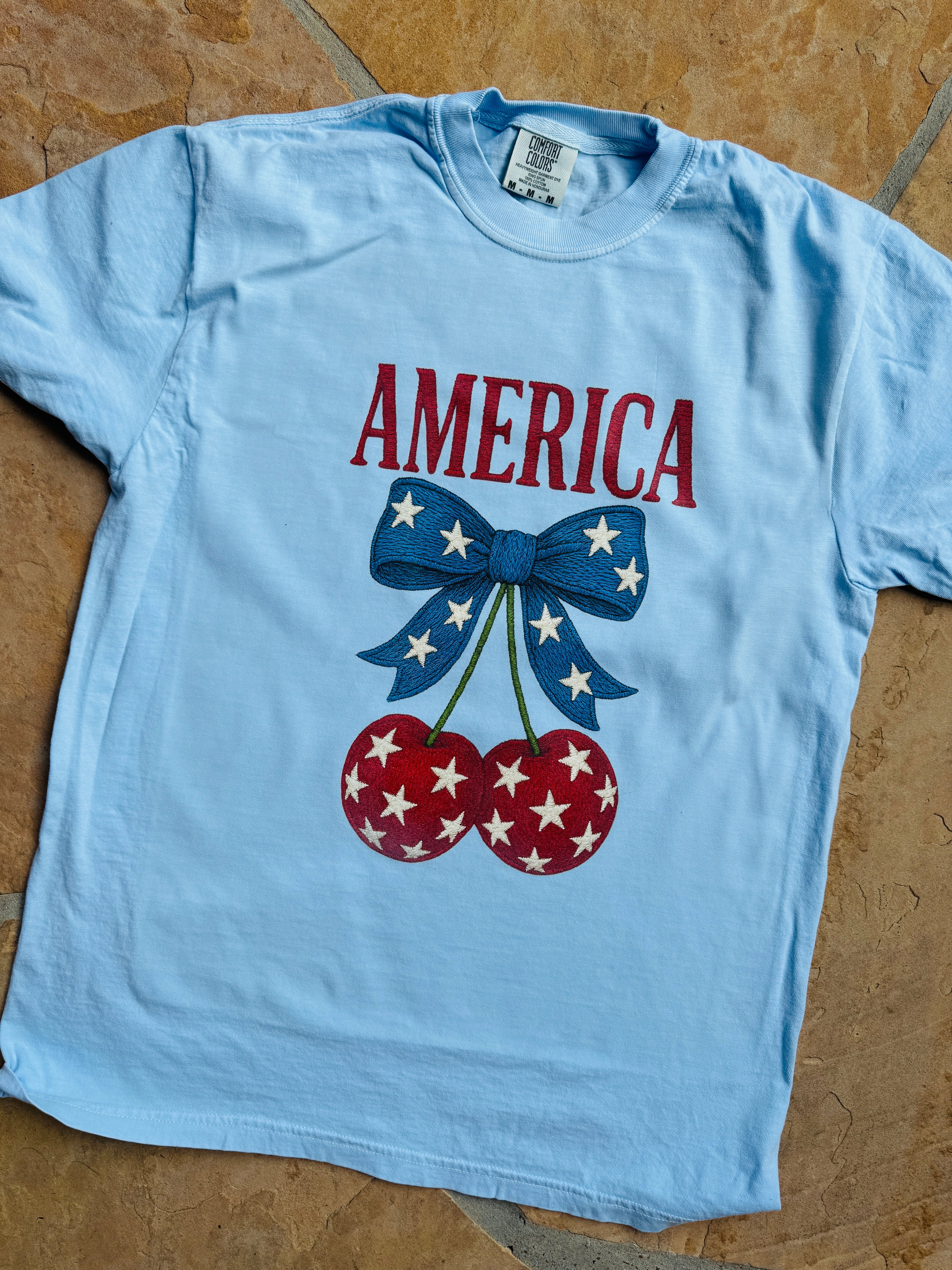 UltraSoft Blend Embroidery Look "America" with Cherries Grpahic tee