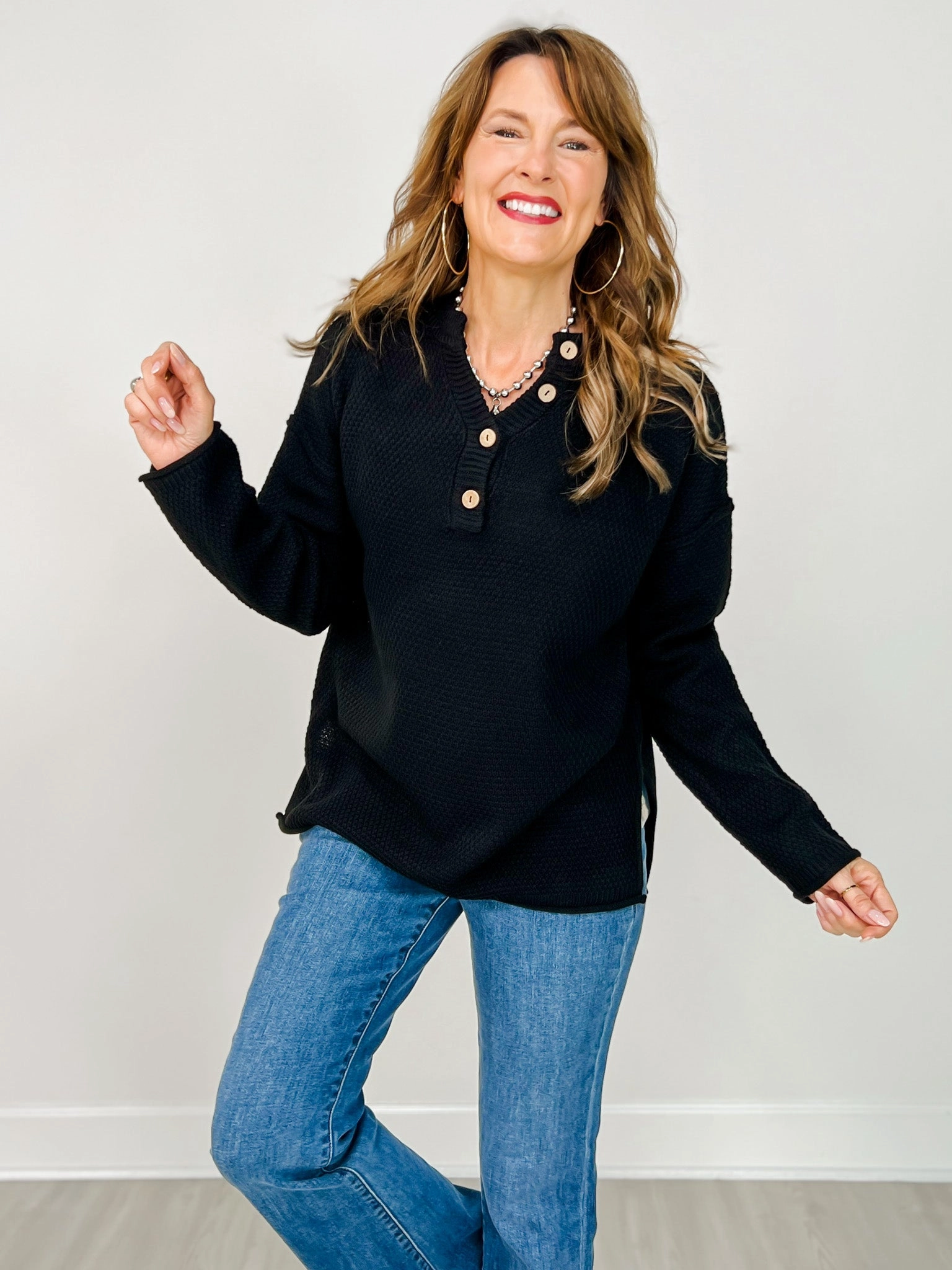 Four Buttons Henley Neckline Basic Sweater - GRP A Layer Ready Fit Everyday Fit