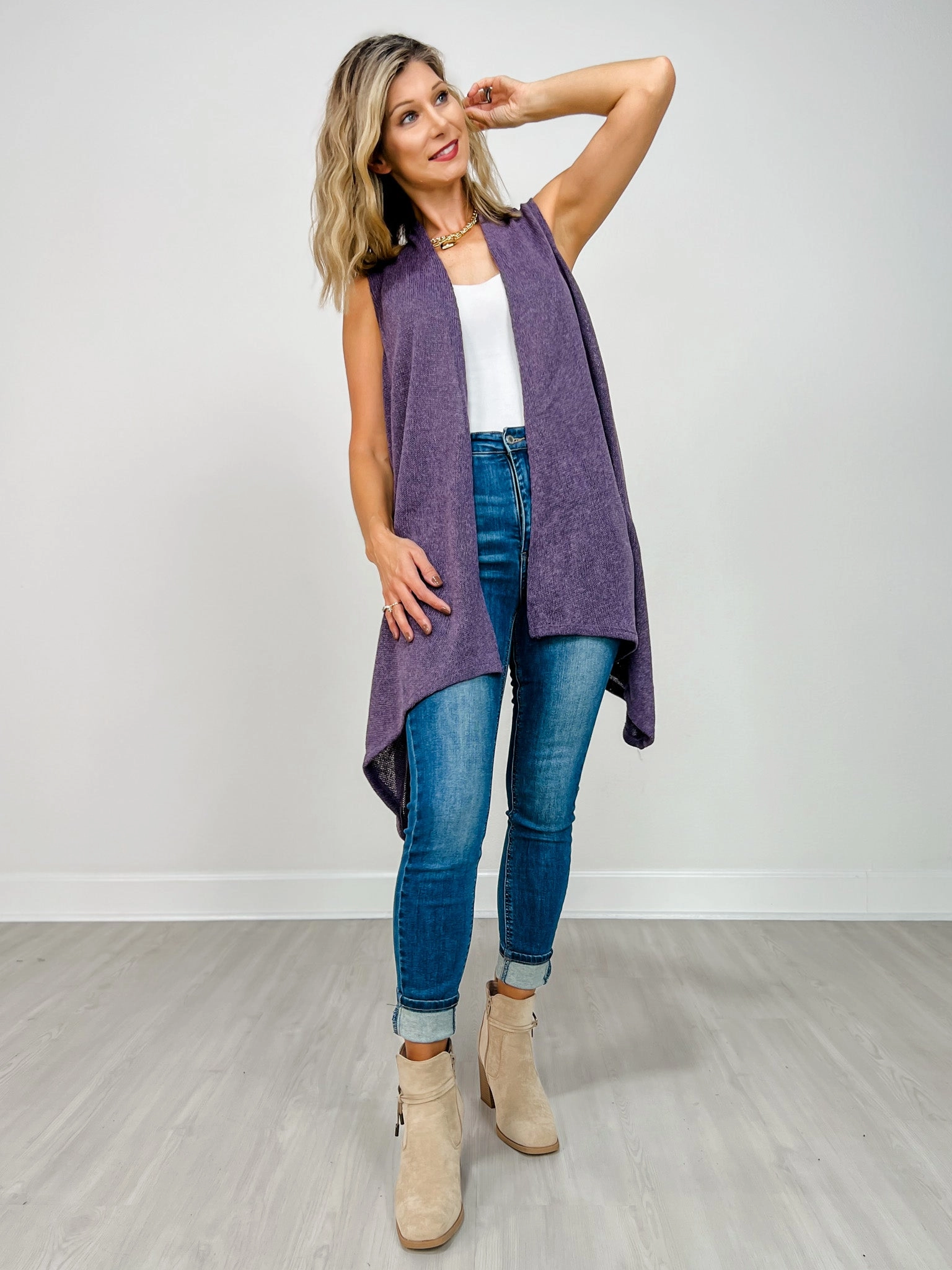 Abrasion Resistant Edging Front Drape Open Front Sleeveless Knit Vest in VIOLET DREAM