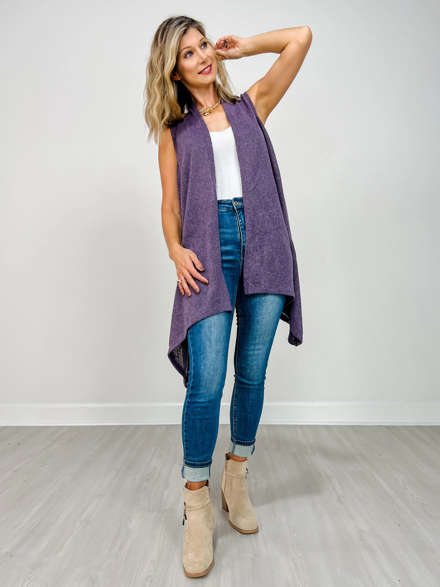 Front Drape Open Front Sleeveless Knit Vest in VIOLET DREAM Chilly Layering Chilly Day Comfort