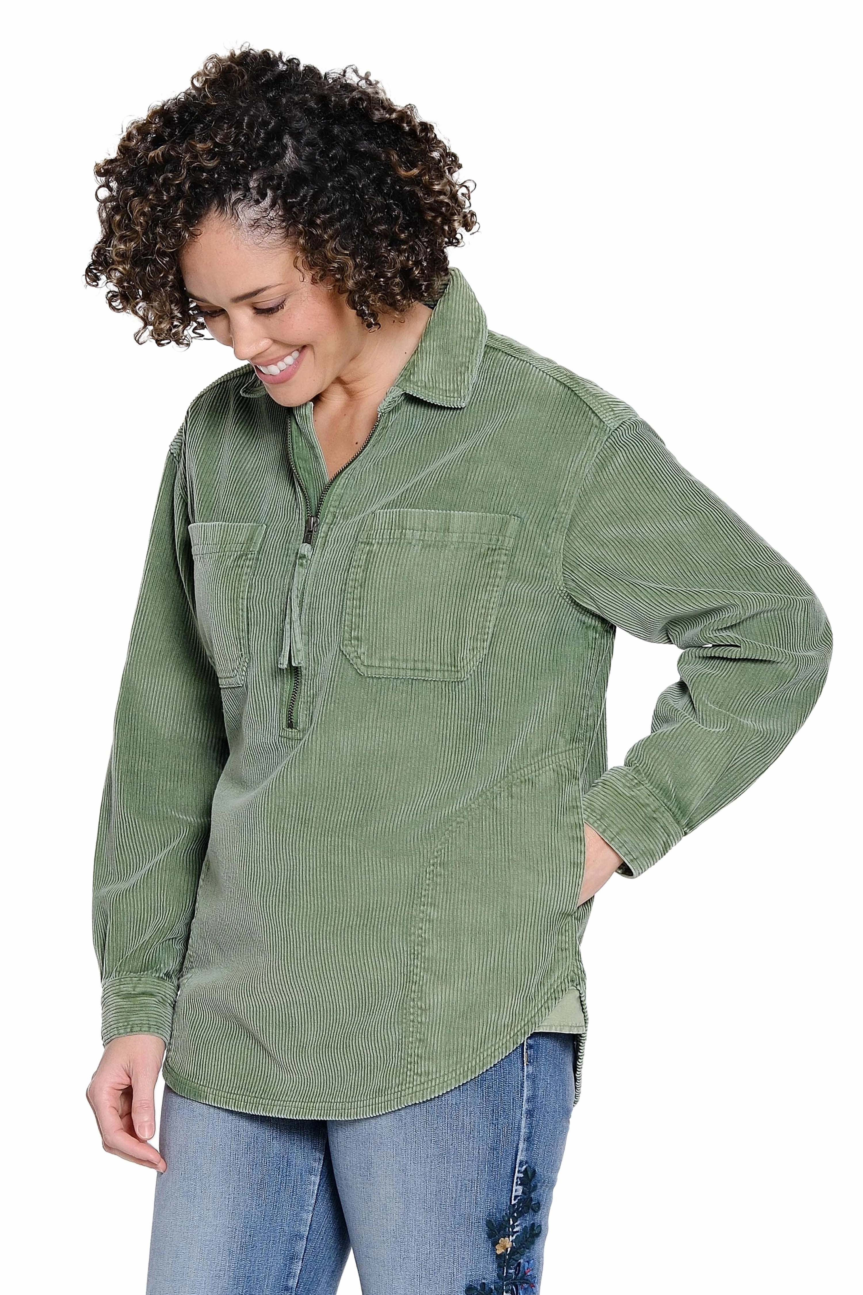 Anti Bacterial Layer Half Zip Corduroy Shirt - Forest