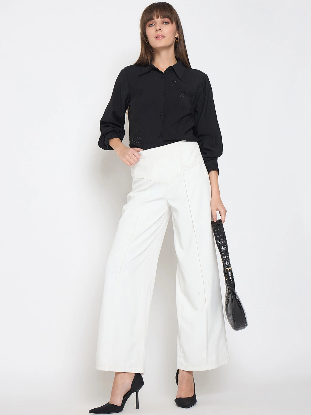 Madame Nylon Blend Heart Embellished Buttoned Black Shirt Eco Friendly Production Timeless Comfort