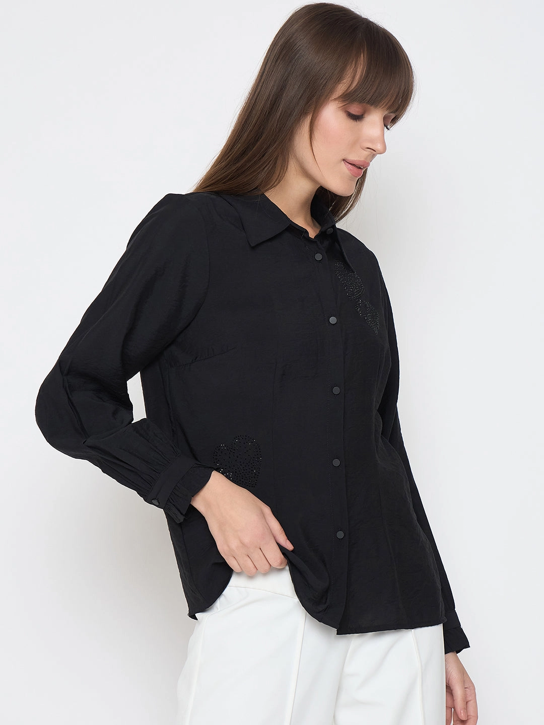 Madame Nylon Blend Heart Embellished Buttoned Black Shirt Soft touch finish Athleisure Trend
