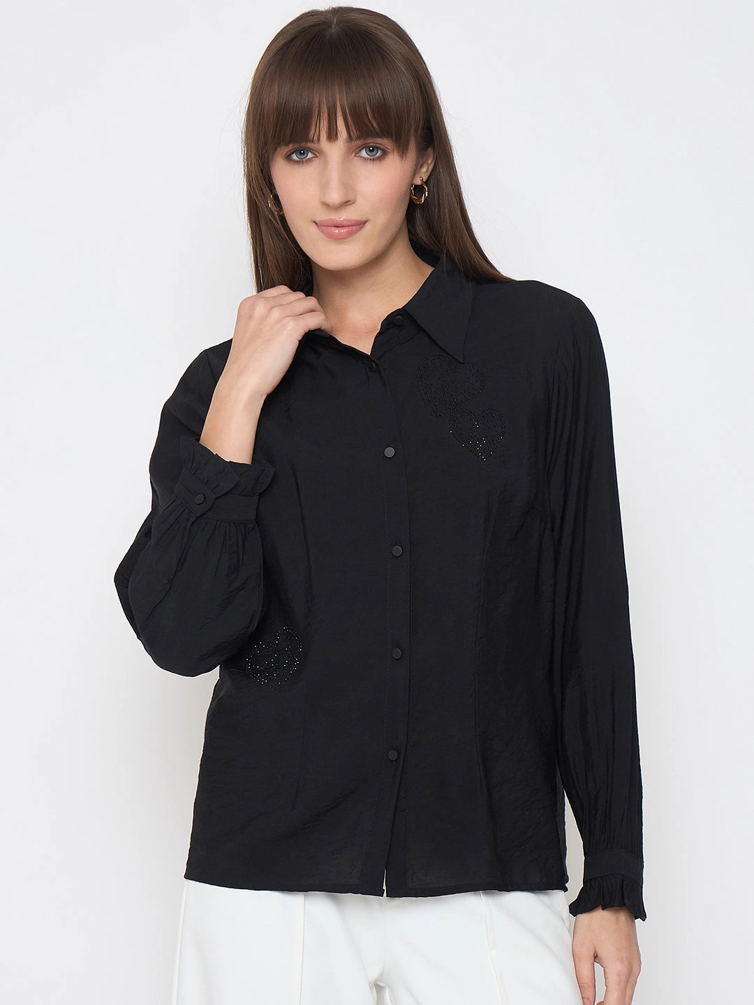 Madame Nylon Blend Heart Embellished Buttoned Black Shirt Non-Iron