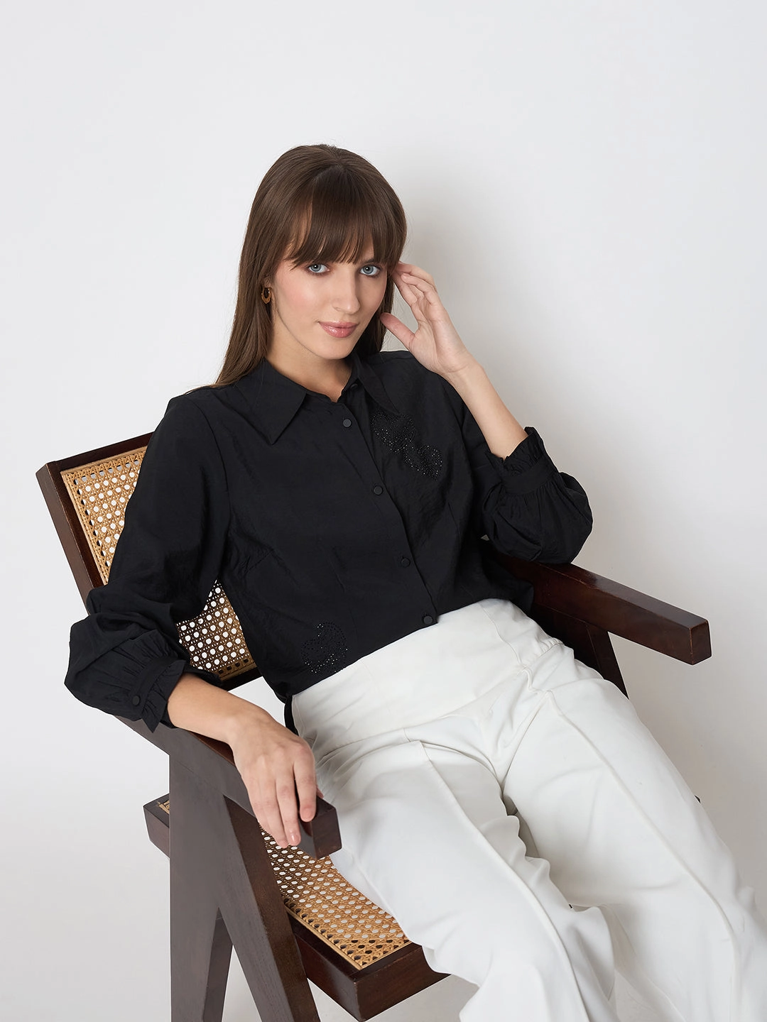 Rugged Style Matte Finish Madame Nylon Blend Heart Embellished Buttoned Black Shirt