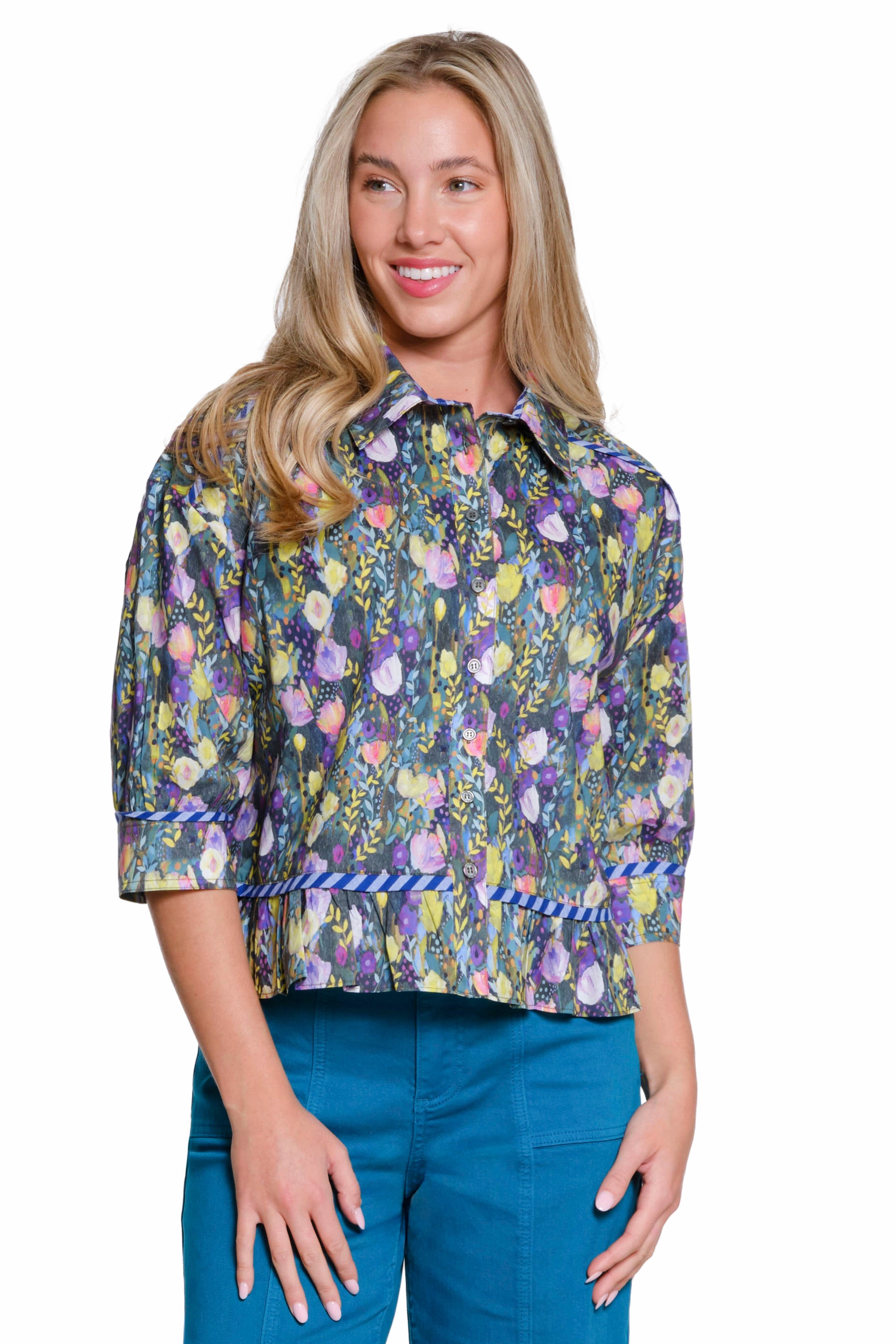 Floral Print Peplum Button-Up - Multi Ribbed Collar Style Ultra Soft Handfeel