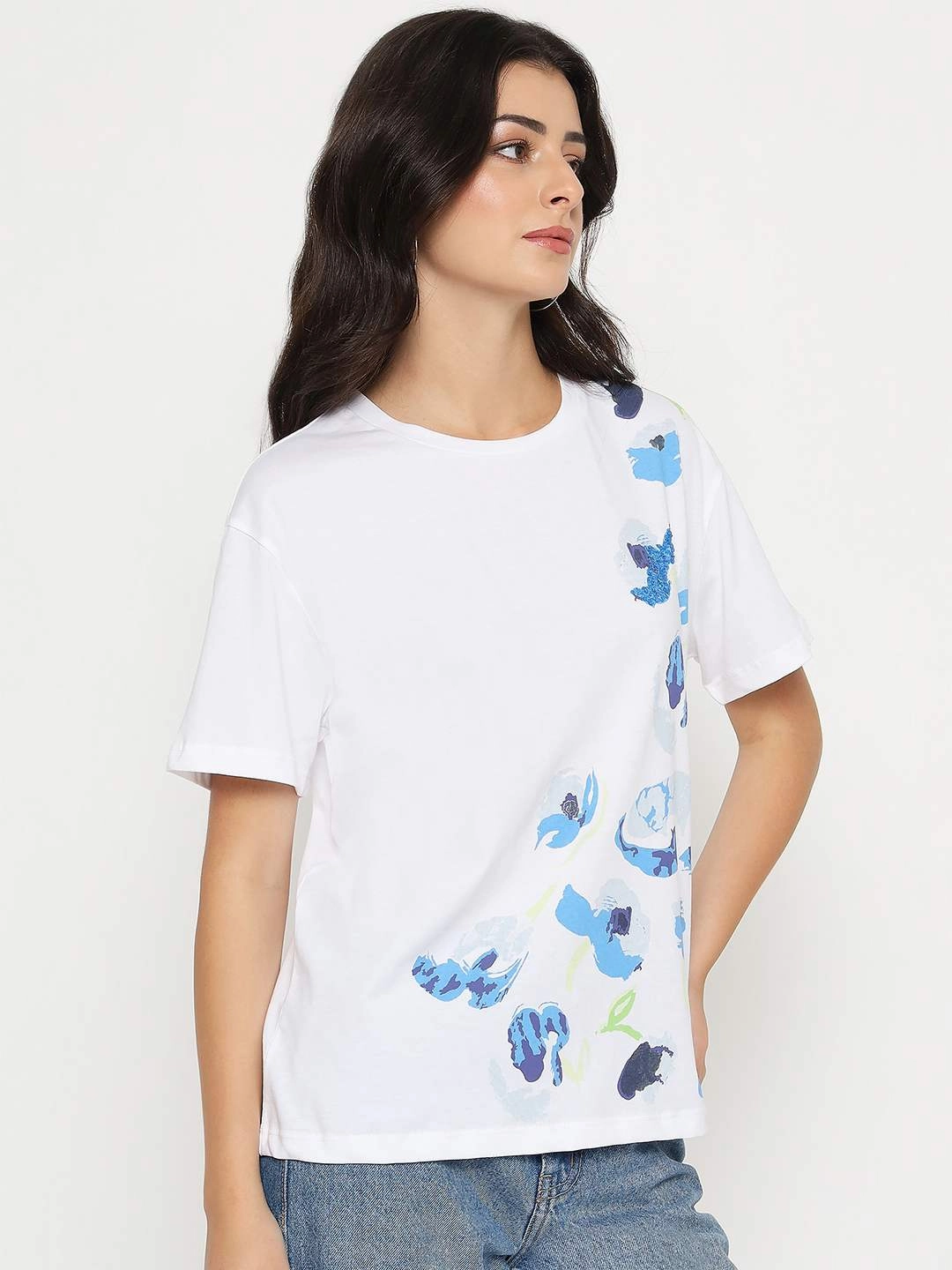Reflective Safety Trim Madame Abstract Print Half Sleeve White Cotton T-shirt