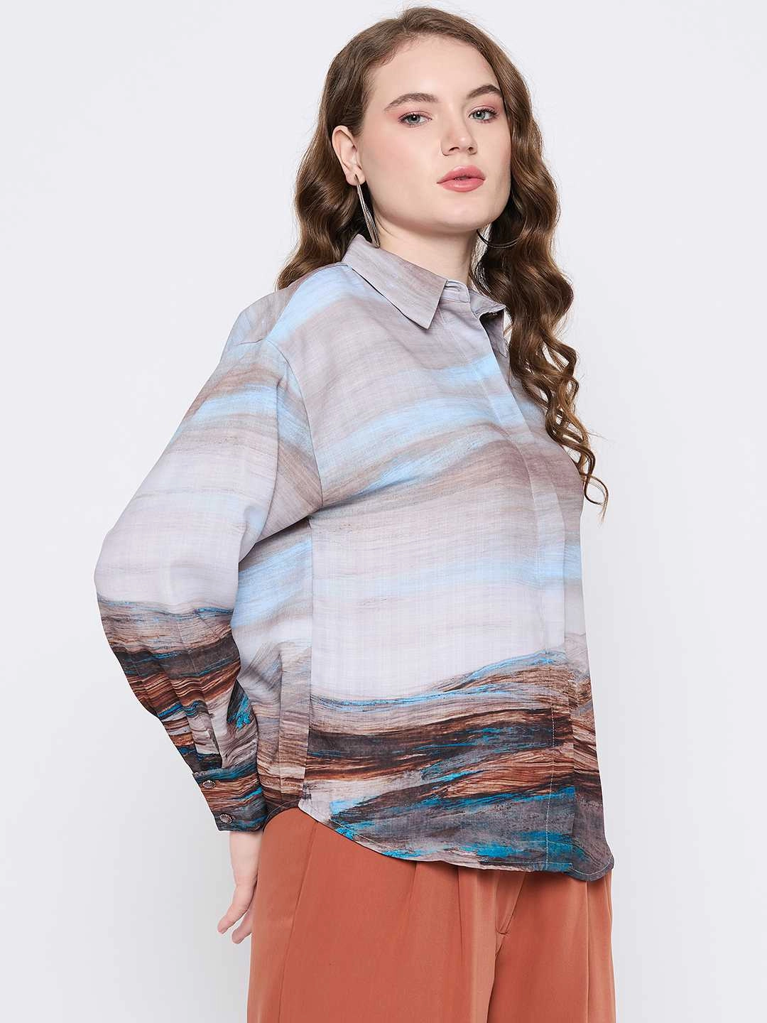 No Slip Shoulder Grips Sleeveless Cut Madame Abstract Print Button Down Sky Blue Shirt Collar Shirt