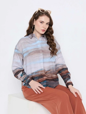 Madame Abstract Print Button Down Sky Blue Shirt Collar Shirt Cozy Option Lakeside Relaxation