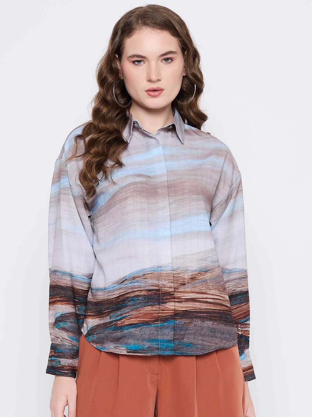 Holiday Outfit Madame Abstract Print Button Down Sky Blue Shirt Collar Shirt