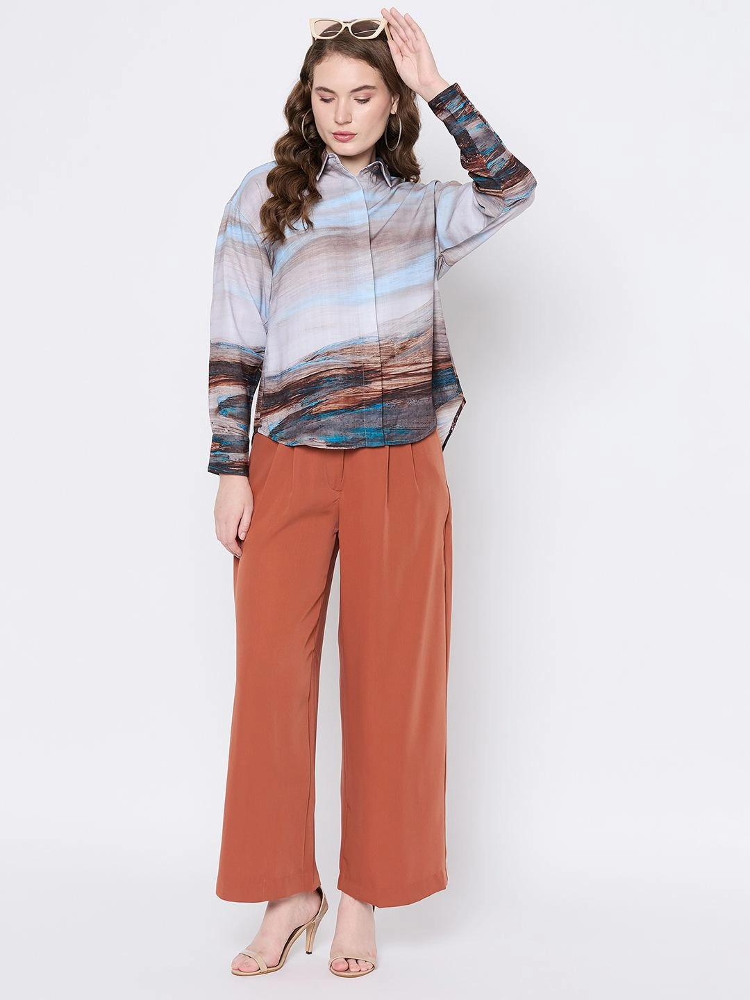 Holiday Gift Madame Abstract Print Button Down Sky Blue Shirt Collar Shirt