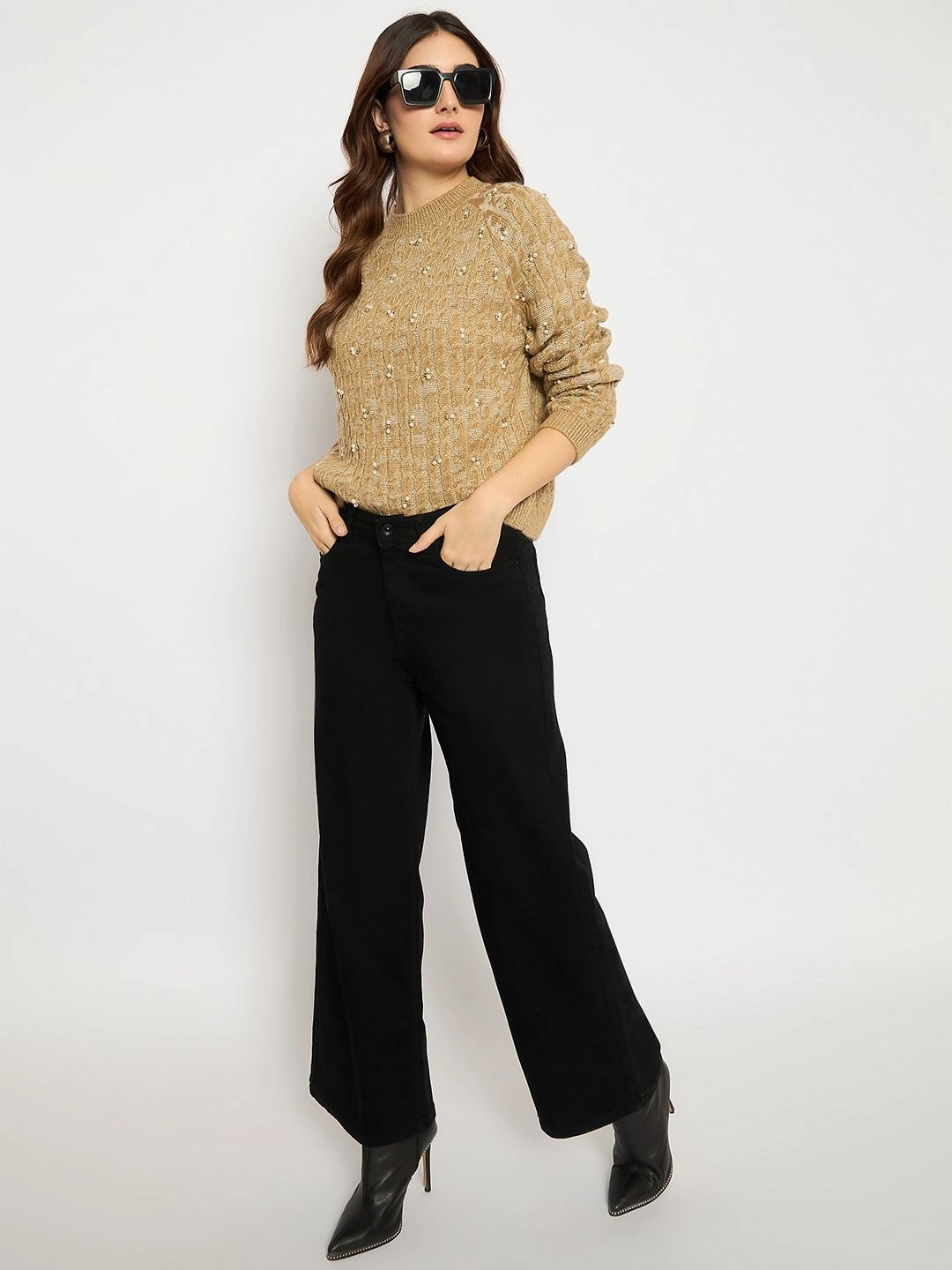 Madame Cable Knit Pearl Embellished Brown Sweater Winter Layering