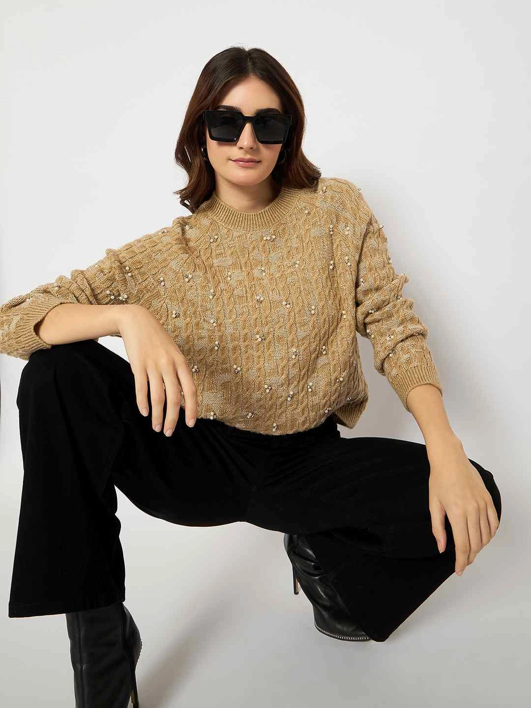 Madame Cable Knit Pearl Embellished Brown Sweater Cozy Chic