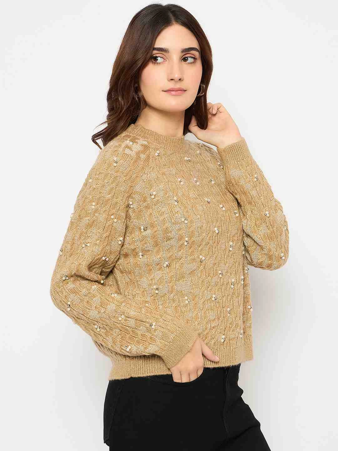 Madame Cable Knit Pearl Embellished Brown Sweater Street Ready
