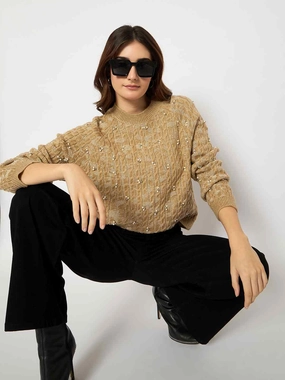 Madame Cable Knit Pearl Embellished Brown Sweater Cozy Chic