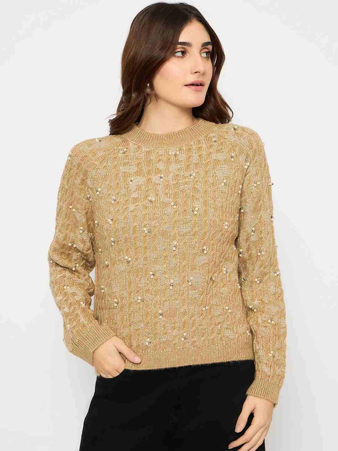 Trendy Layering Madame Cable Knit Pearl Embellished Brown Sweater
