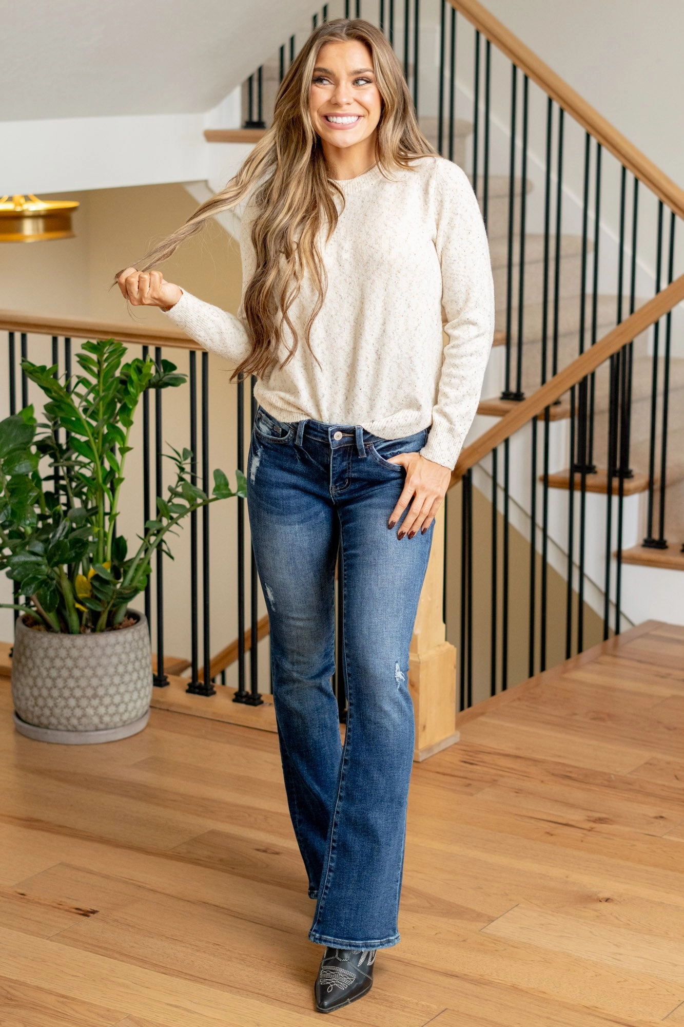 Sandblasted Finish LOVERVET Scarce Low Rise Boot Cut Regular & Plus Sizes Dark Blue Wash