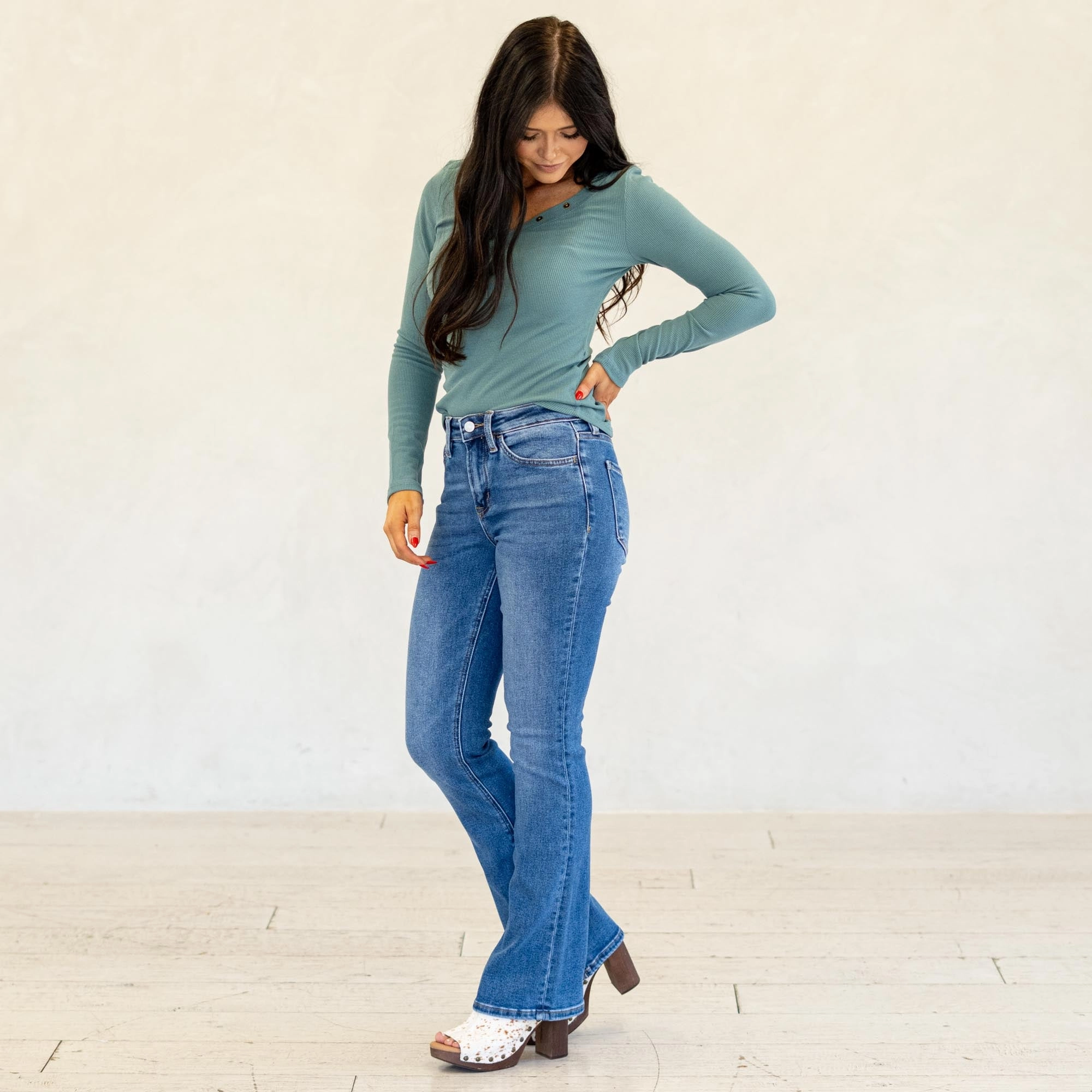 Lovervet Radiant High Rise Bootcut Jeans Medium Blue Wash Couple Look Office Wear