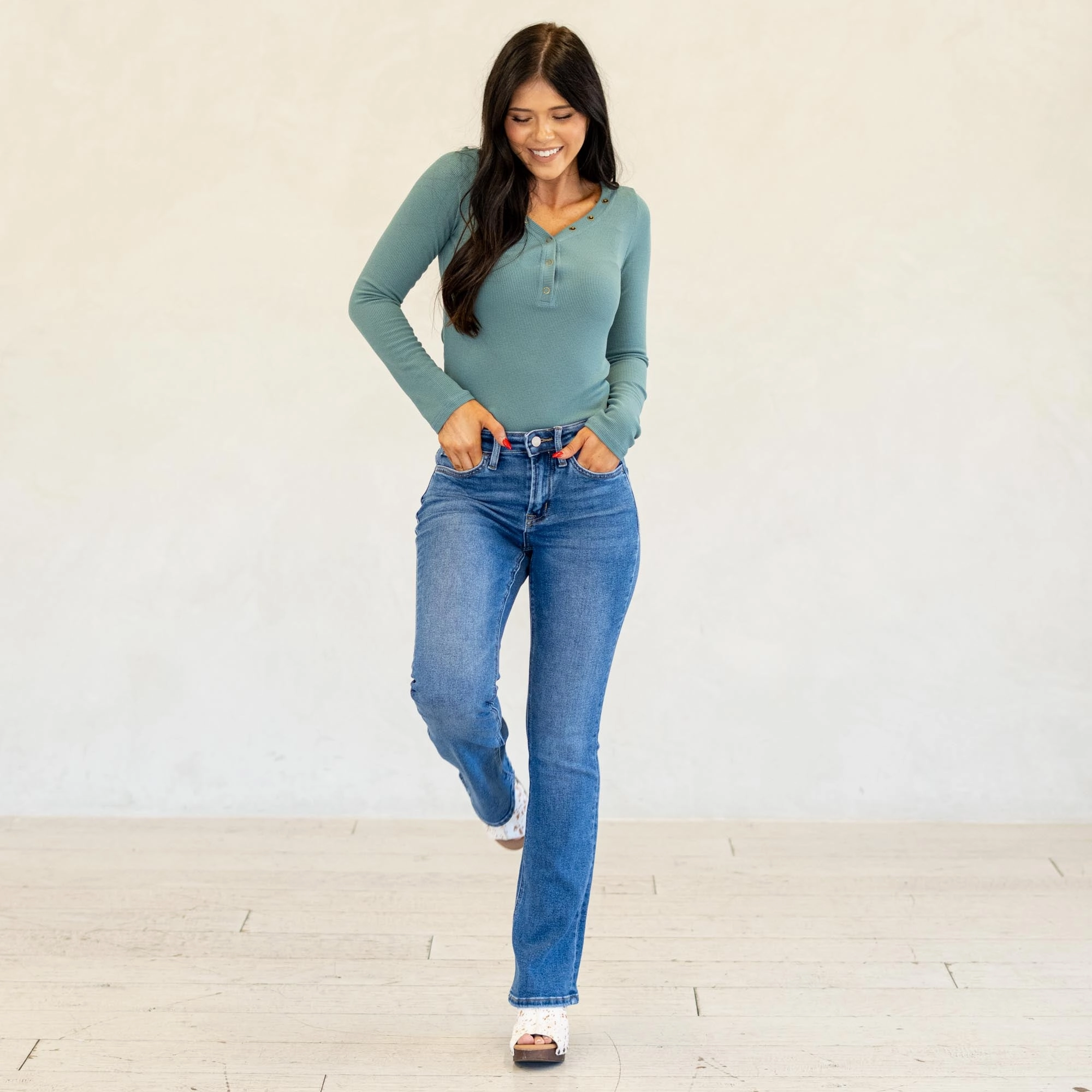 Classic Office Wear Lovervet Radiant High Rise Bootcut Jeans Medium Blue Wash