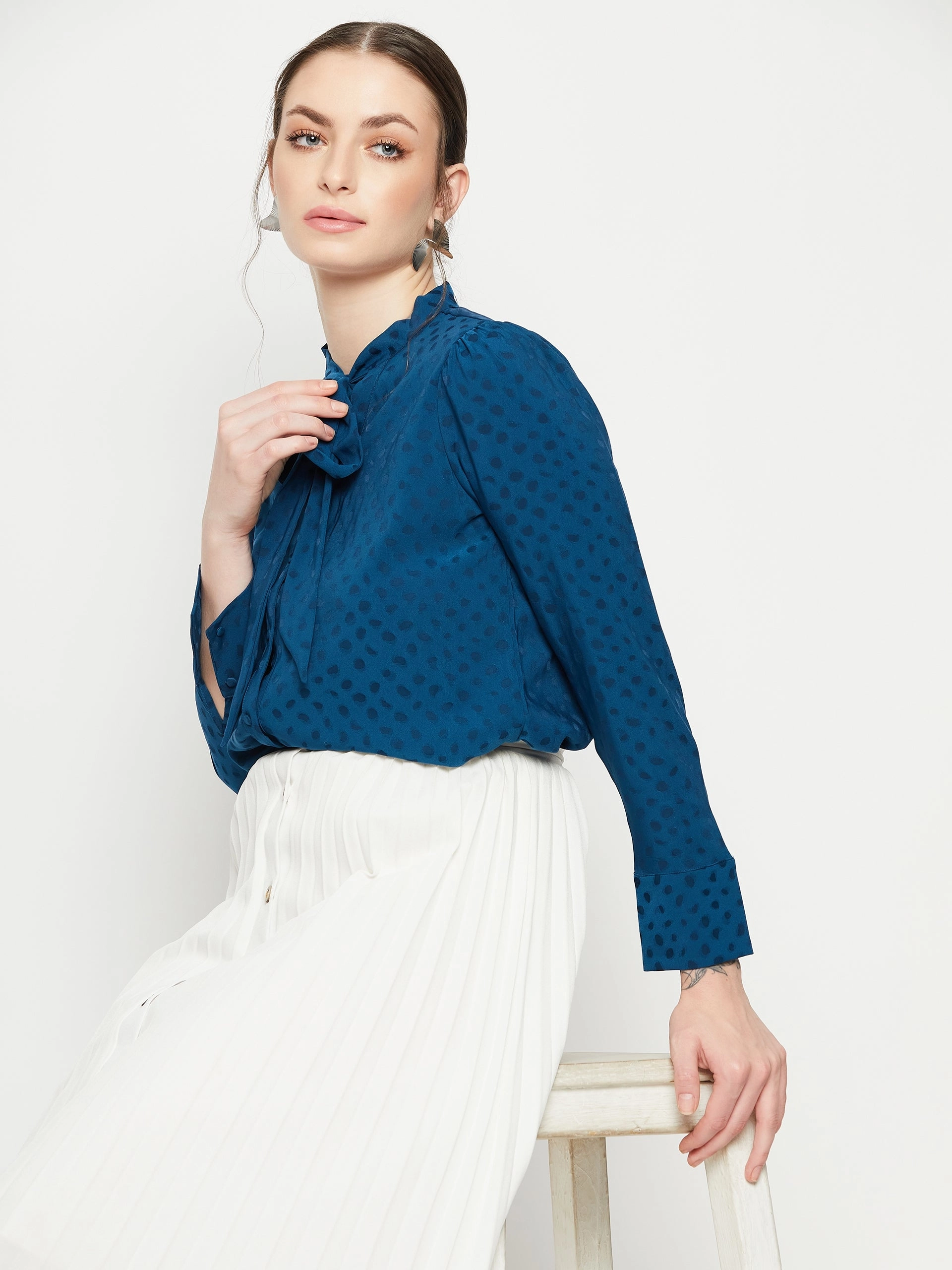 Madame Tie-Up Neck Full Sleeve Teal Shirt Statement Maker