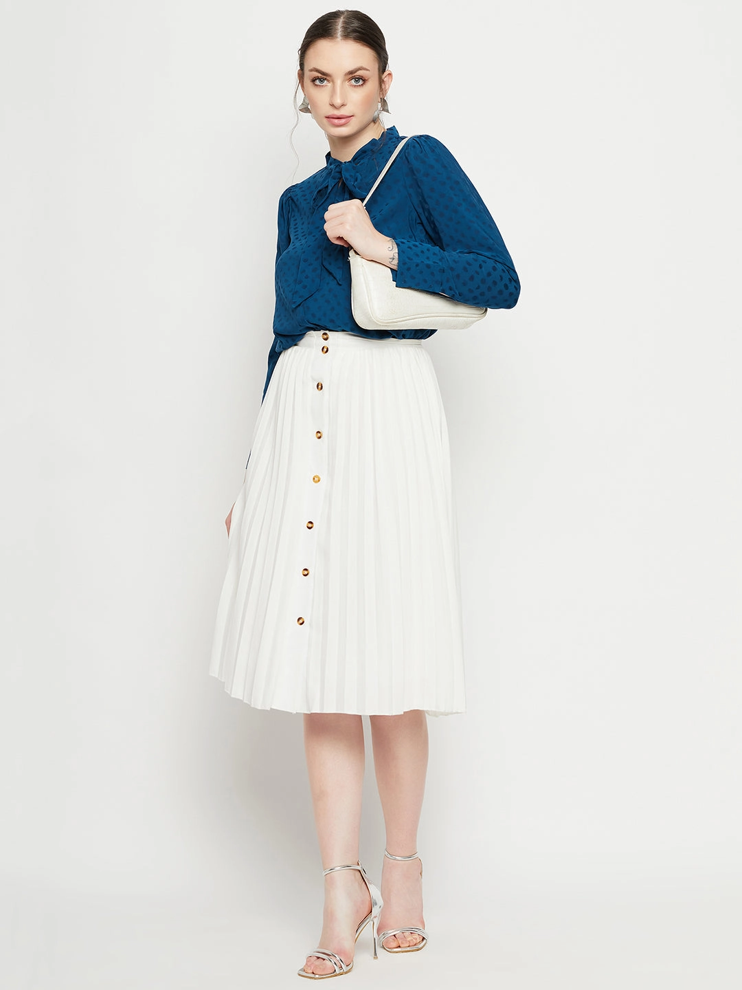 Sleek Style Madame Tie-Up Neck Full Sleeve Teal Shirt