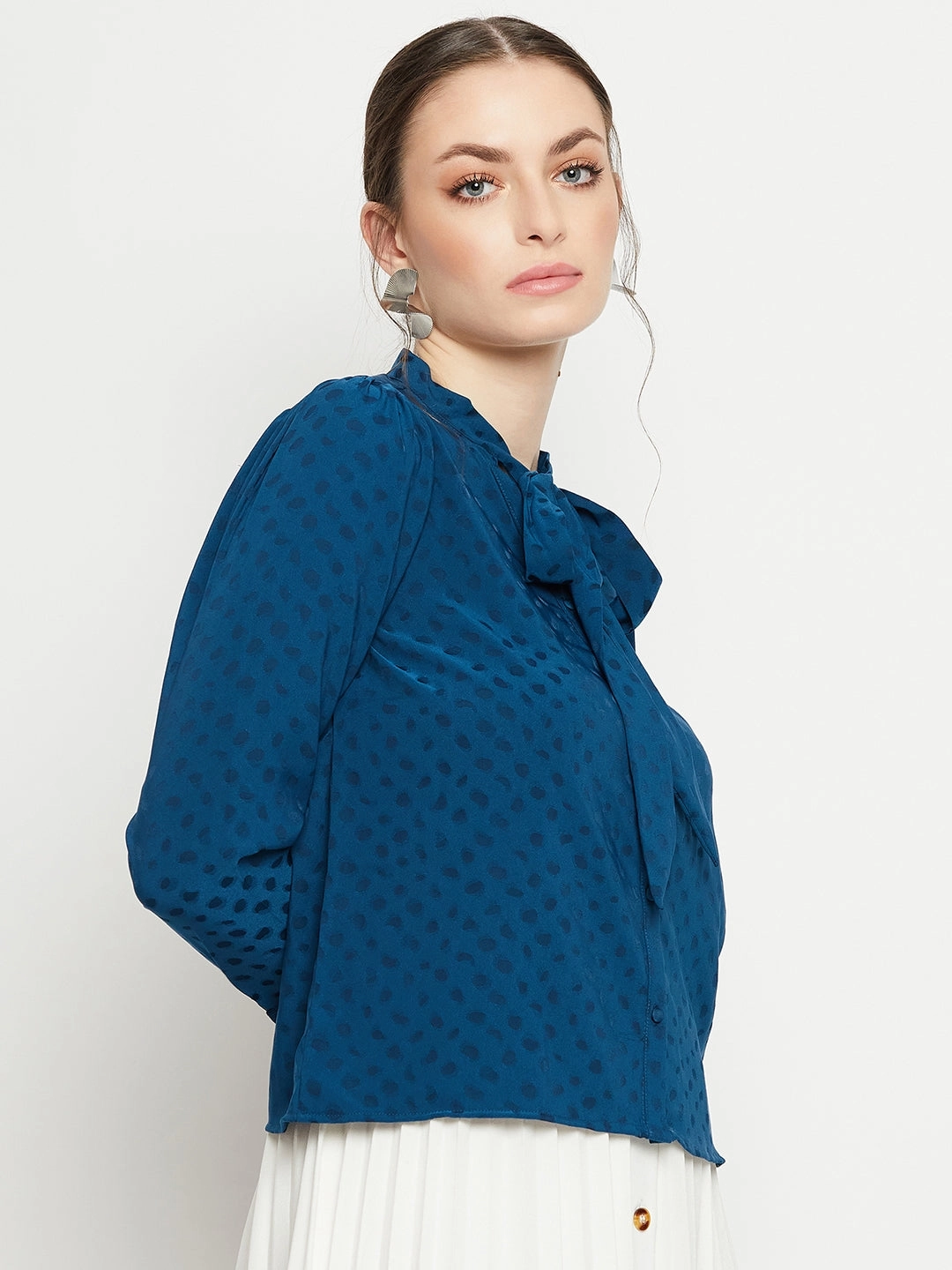 Madame Tie-Up Neck Full Sleeve Teal Shirt All-Ages Fit