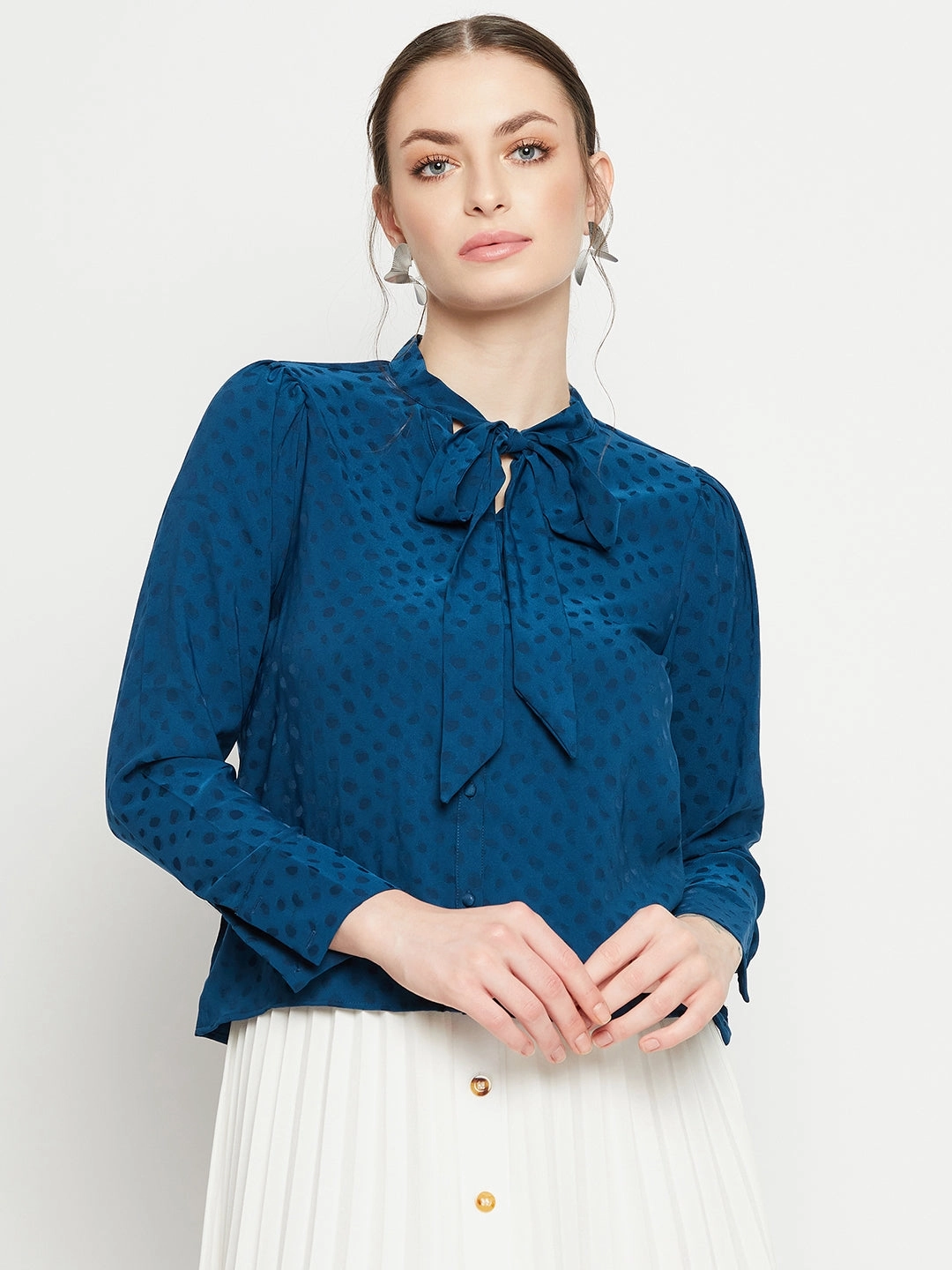 Madame Tie-Up Neck Full Sleeve Teal Shirt Street Wear