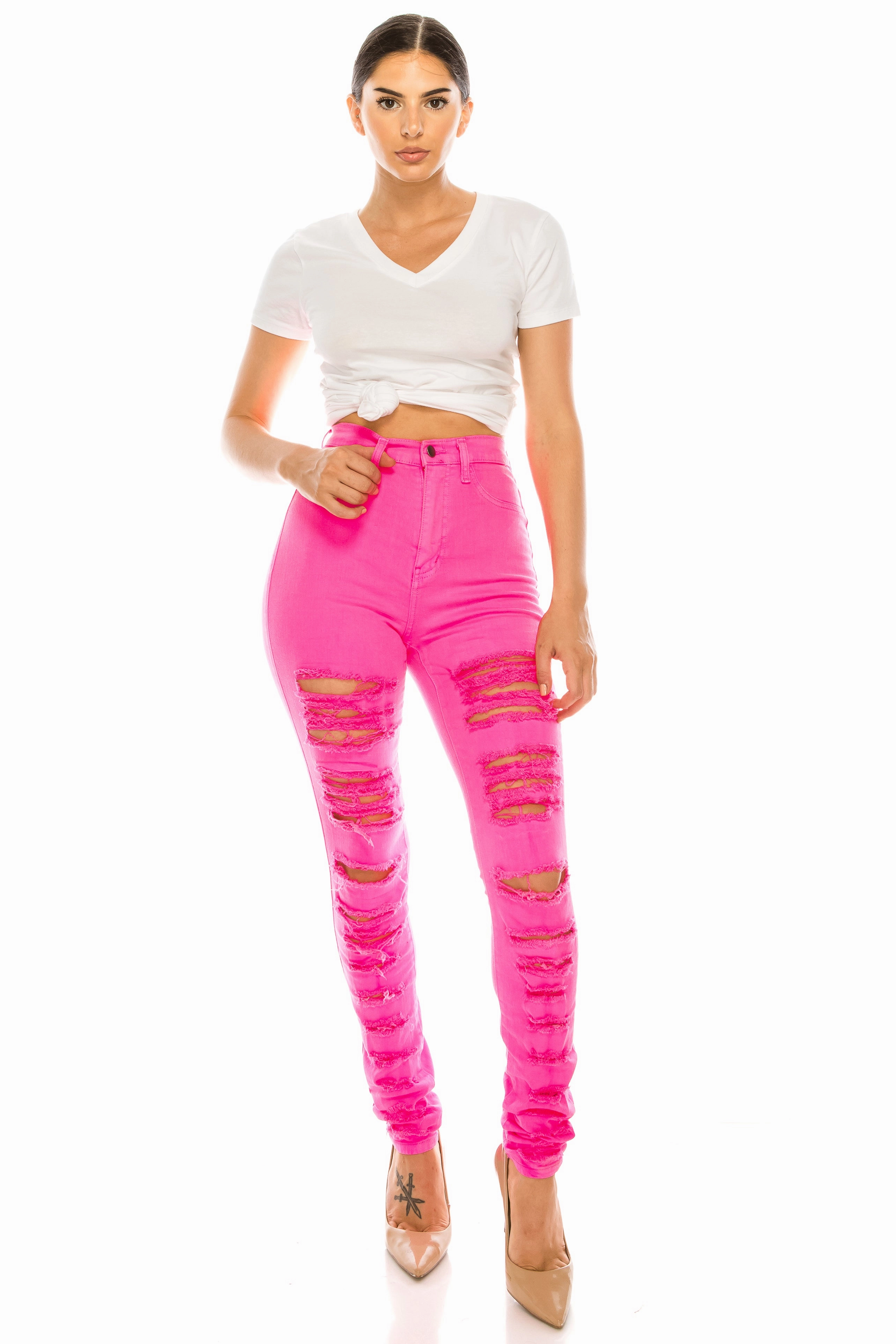 4551 Women's High Waisted Distressed Skinny Jeans Earthy Soft Daily Musthave