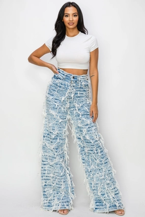 40673 High Rise Wide Leg Dual Layer Frayed Jeans Go Everywhere Effortless Style