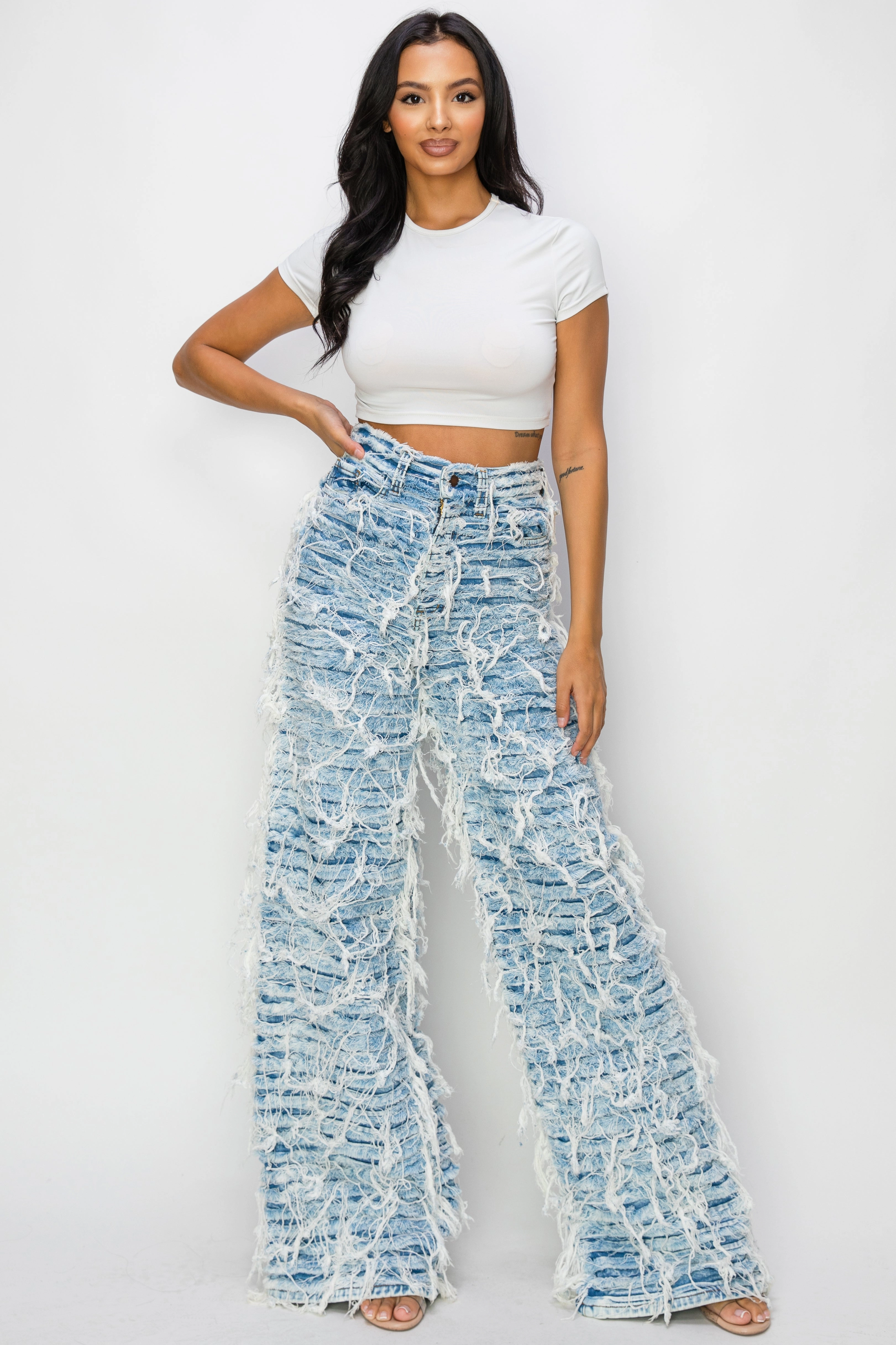 40673 High Rise Wide Leg Dual Layer Frayed Jeans Go Everywhere Effortless Style