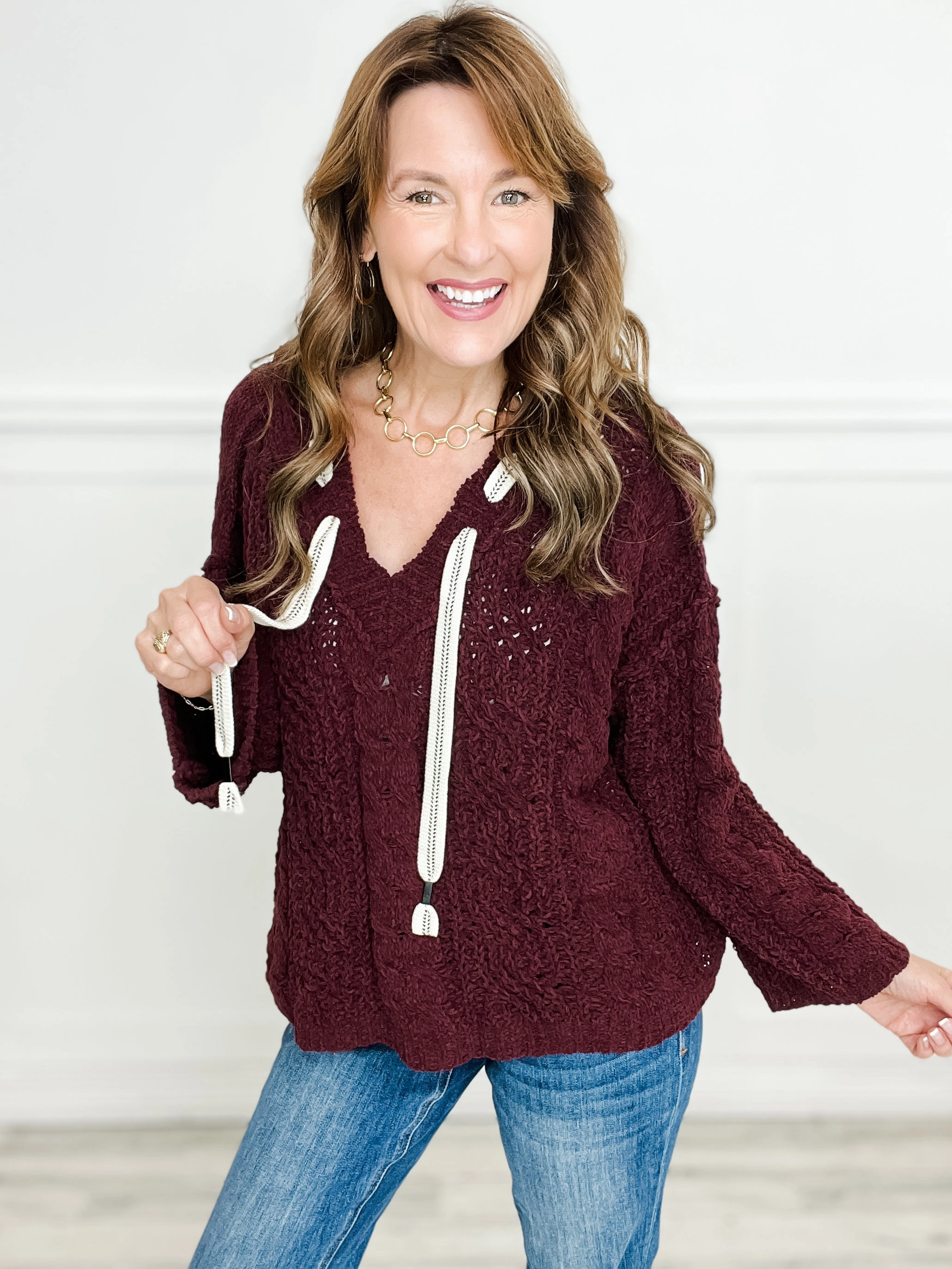 Breathable mesh panel Winter Fashionable Bitter Sweet Symphony V-Neck Hooded Cable Knit Chenille Sweater