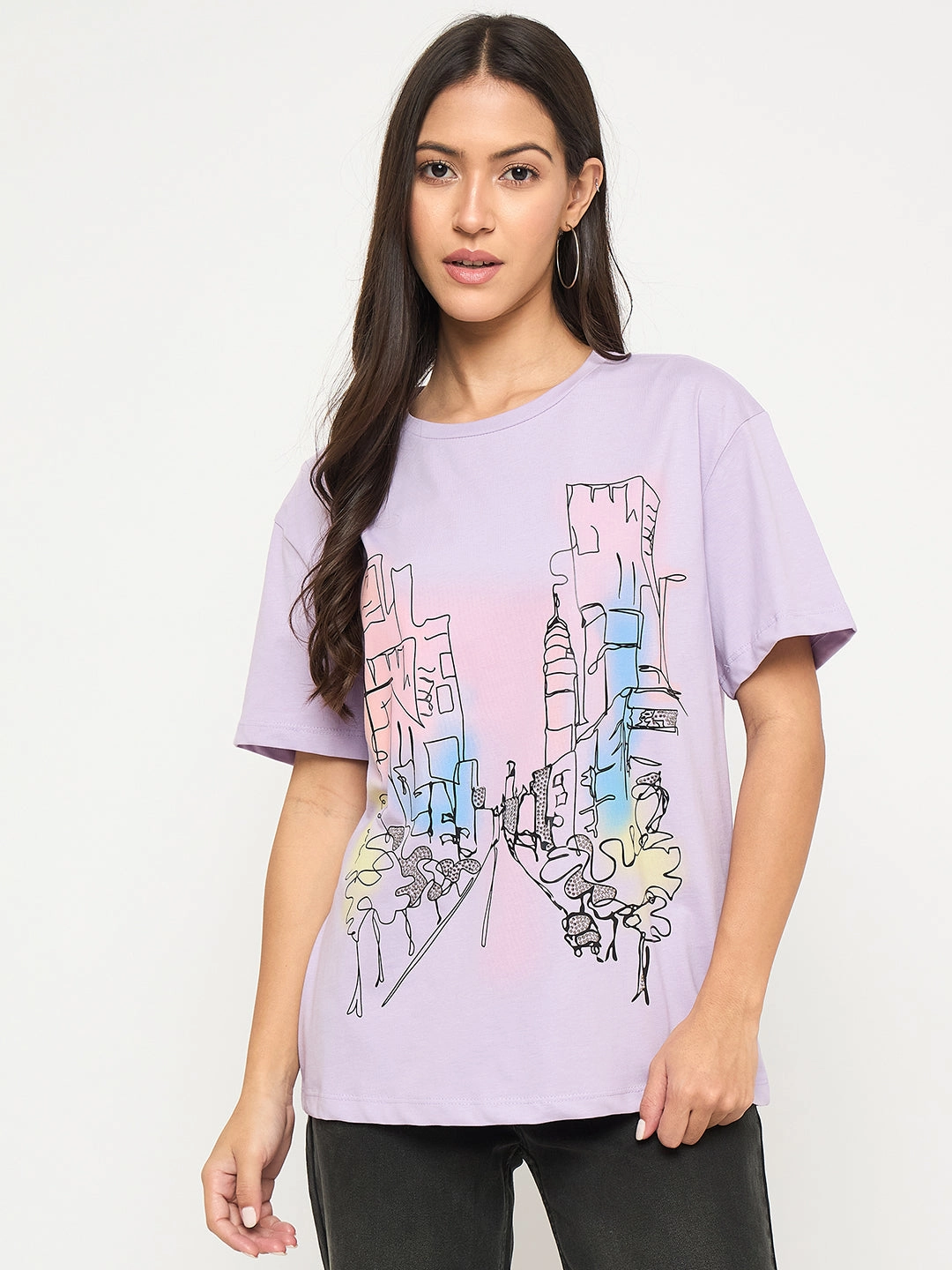 Madame Swarovski Detail Graphic Print Cotton Lilac T-shirt Bold Patterns EcoFriendlyMaterial