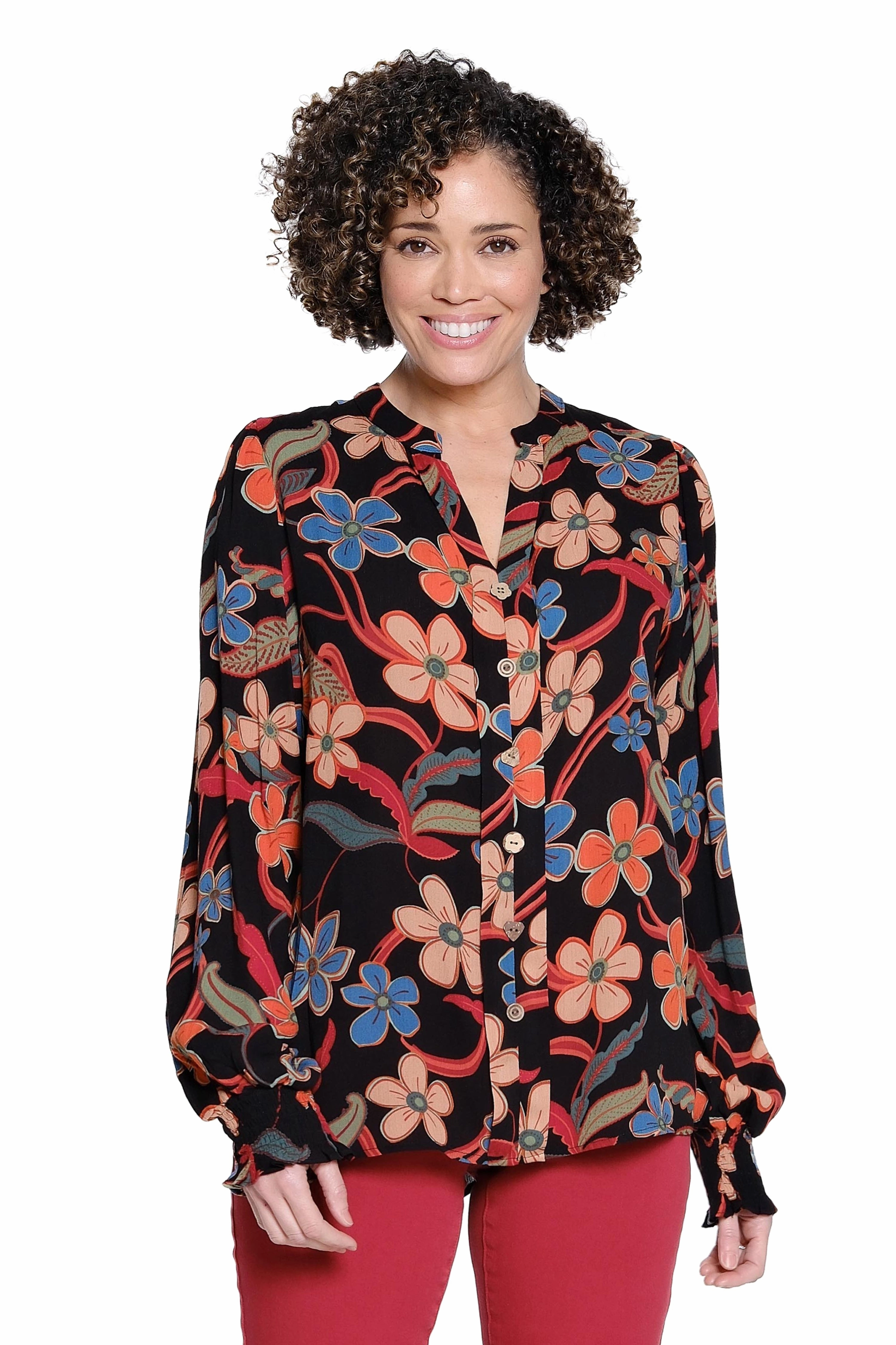 Print Button Up Blouse - Multi FlexibleCuff RelaxedFit