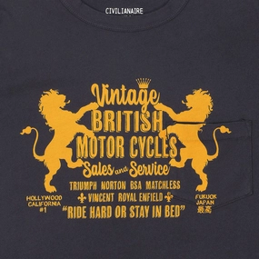 "British Moto" Short Sleeve Pocket Crew Neck Tee - Black Coal FrictionResistant Edges Compression Gradient